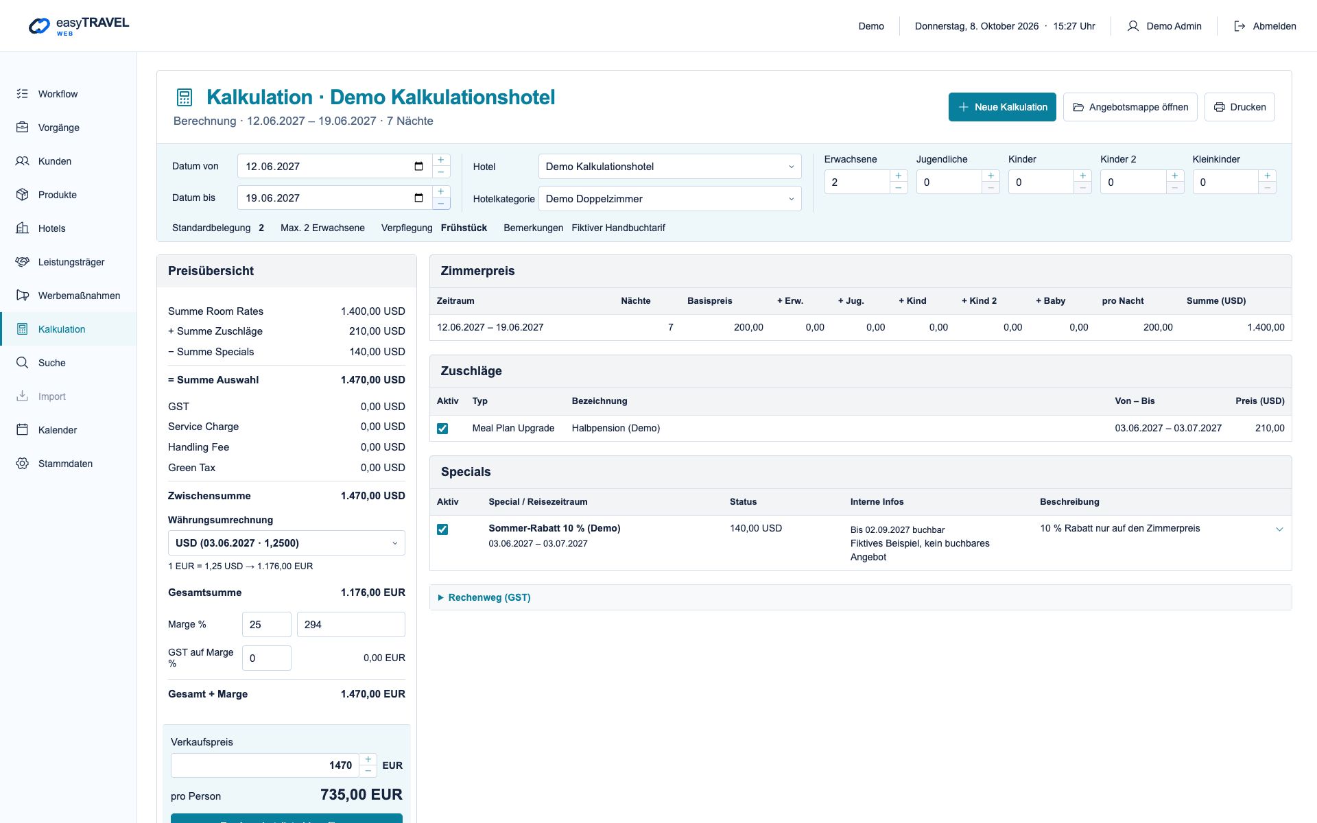 Aktuelle neue easyTRAVEL Webapp: Kalkulation mit Verkaufspreis und Angebotsaktion