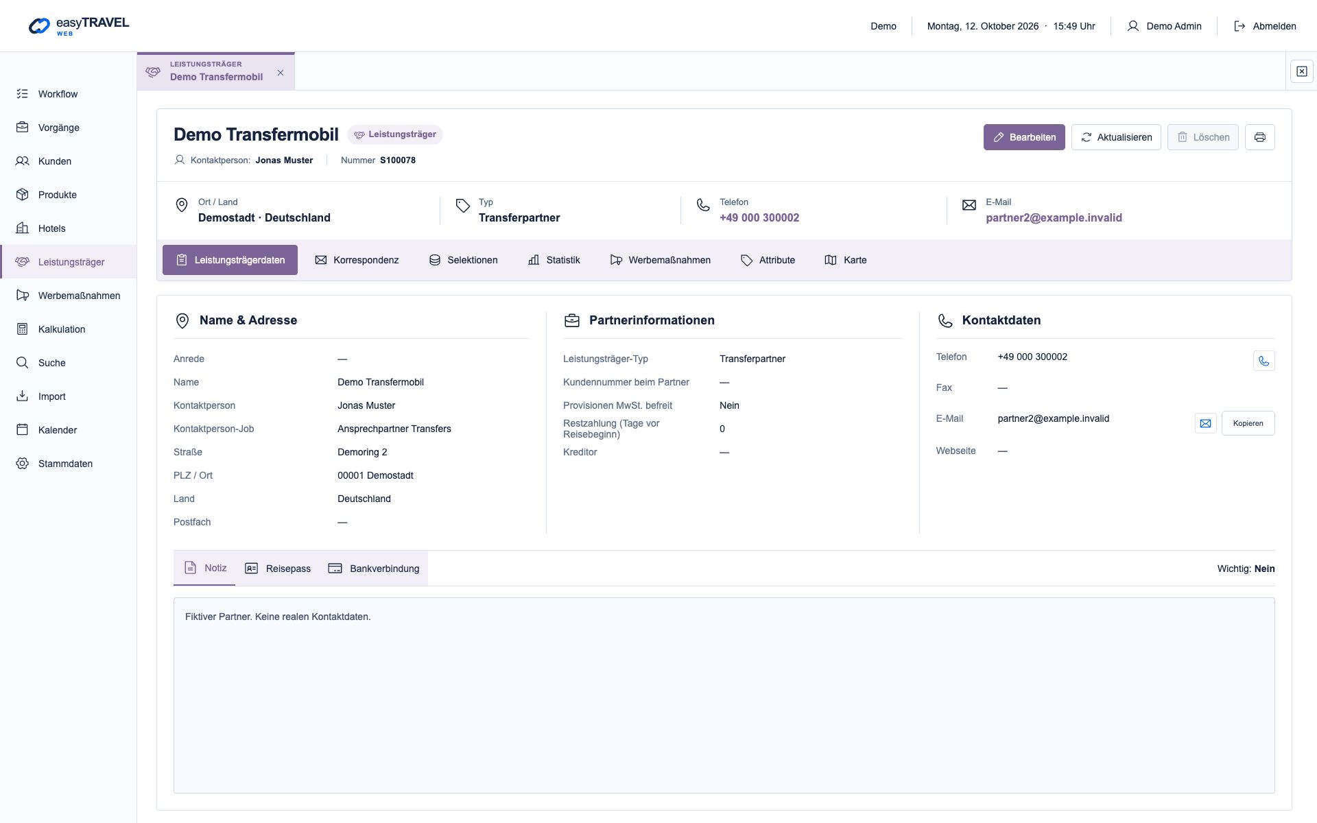 Aktuelle neue easyTRAVEL Webapp: Leistungsträger