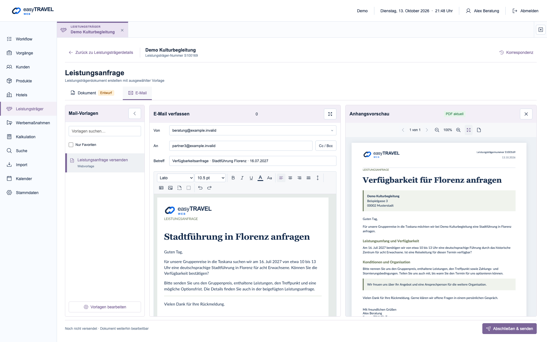 easyTRAVEL Web: Schritt 3 – PDF und Mail abgleichen