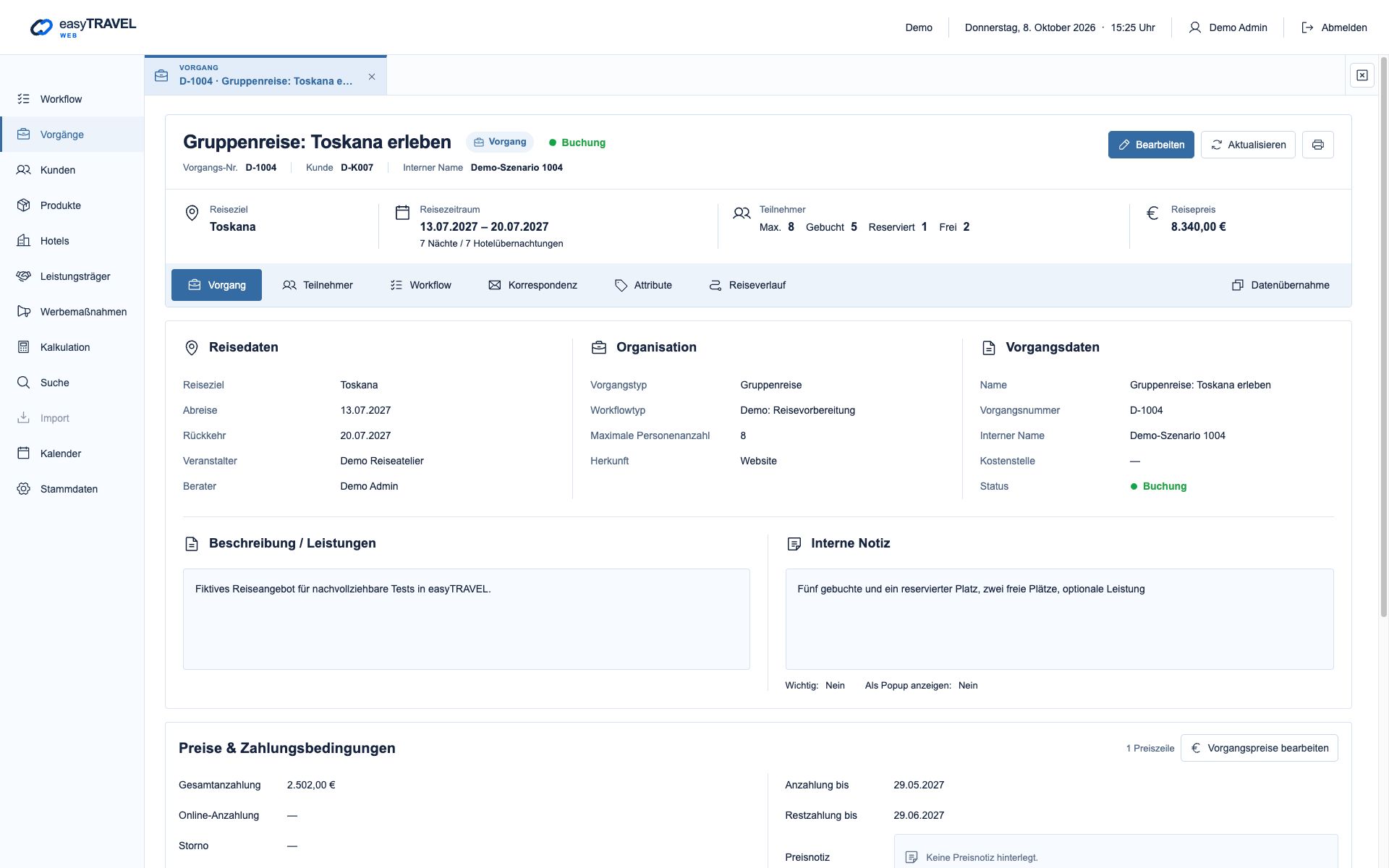 easyTRAVEL Web: Gruppenreise Toskana mit Teilnehmerzahlen und Preisen