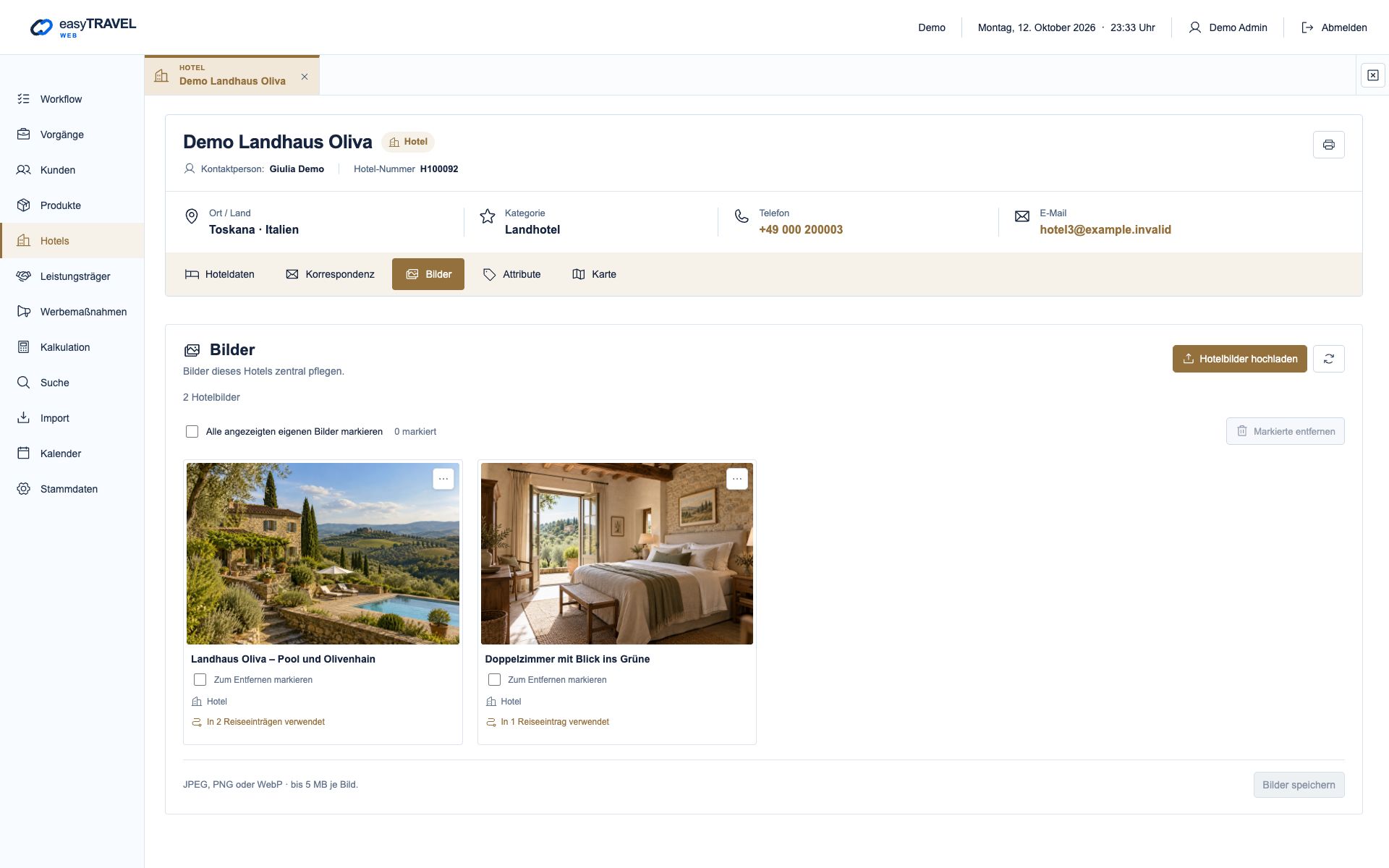 Aktuelle neue easyTRAVEL Webapp: Hotelbilder mit Vorschau, Titeln und zentraler Speicherung