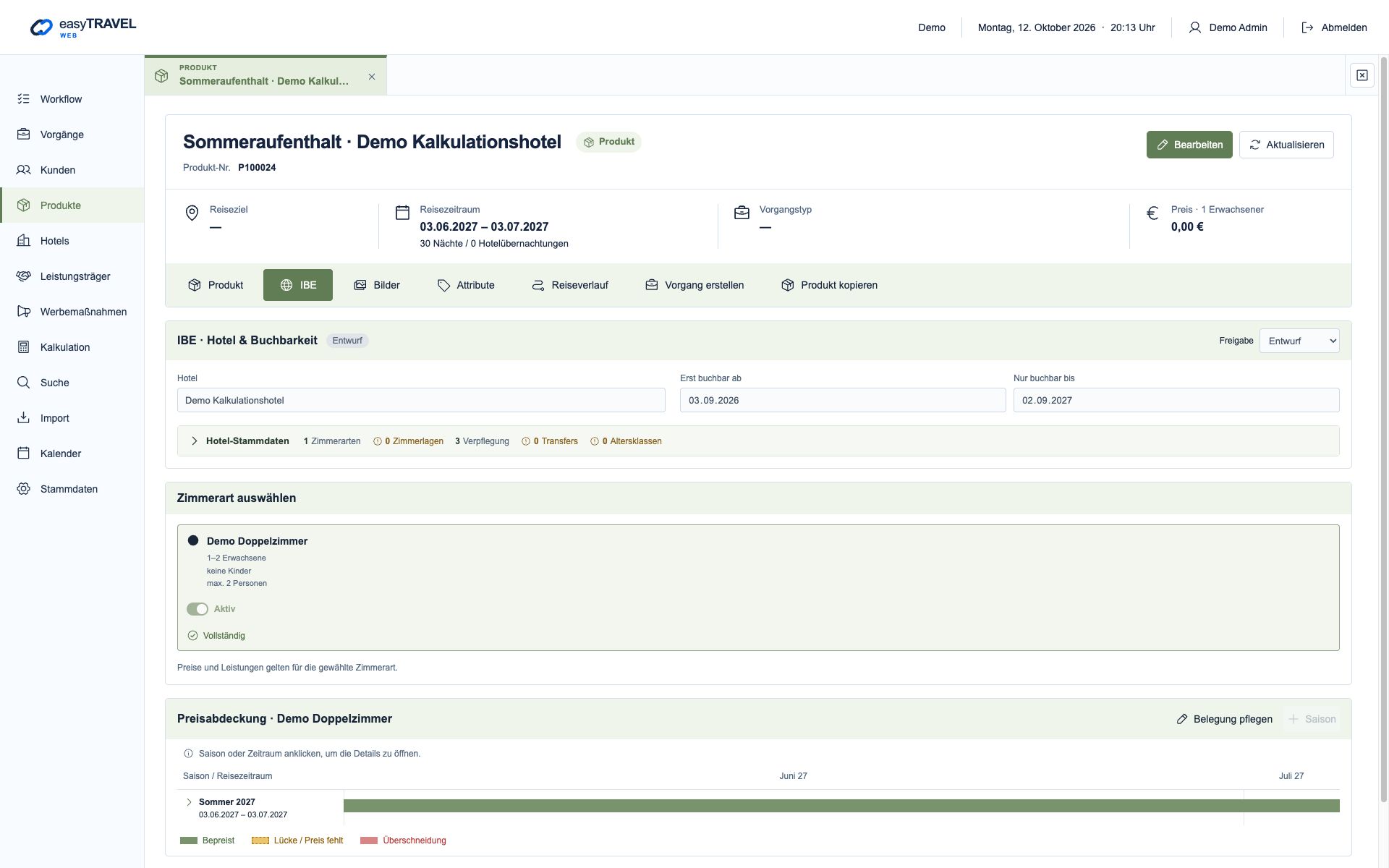 Aktuelle neue easyTRAVEL Webapp: IBE im Produkt: Hotel, Buchbarkeit, Zimmerart und Preisabdeckung