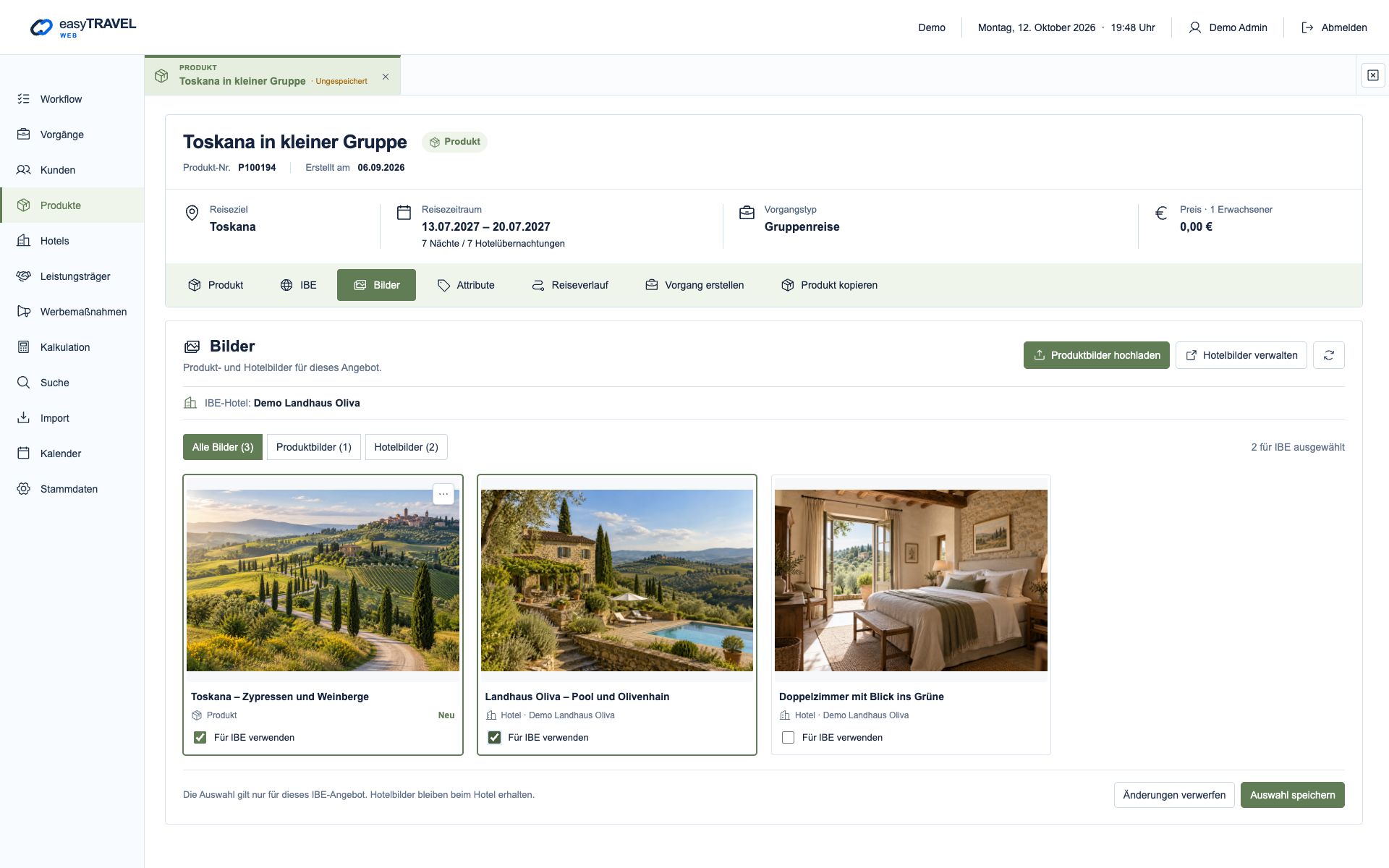 Aktuelle neue easyTRAVEL Webapp: Bildauswahl für das einzelne IBE-Produkt