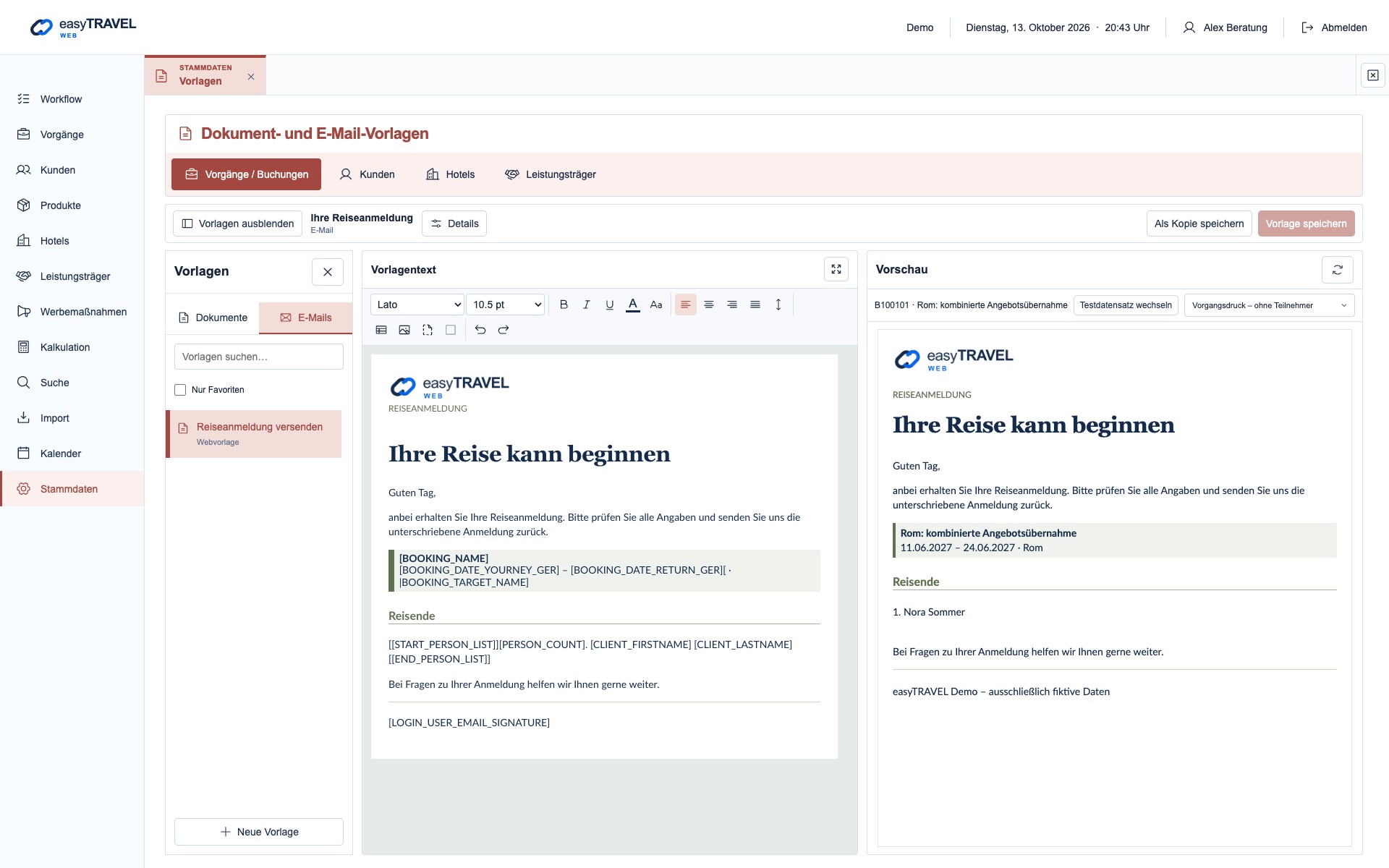 Aktuelle neue easyTRAVEL Webapp: E-Mail-Vorlage im aktuellen Editor mit zugehöriger Vorschau