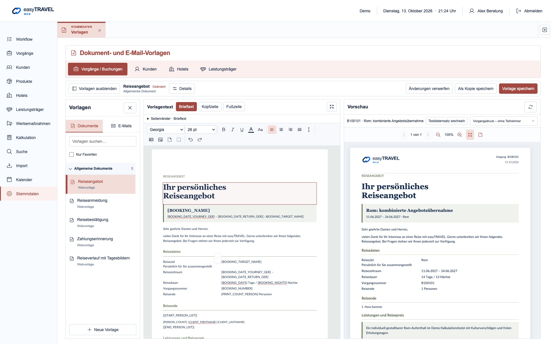 Aktuelle neue easyTRAVEL Webapp: Zusätzlicher Absatz in einer Tabellenzelle und dieselbe Zeile in der automatisch aktualisierten PDF-Vorschau