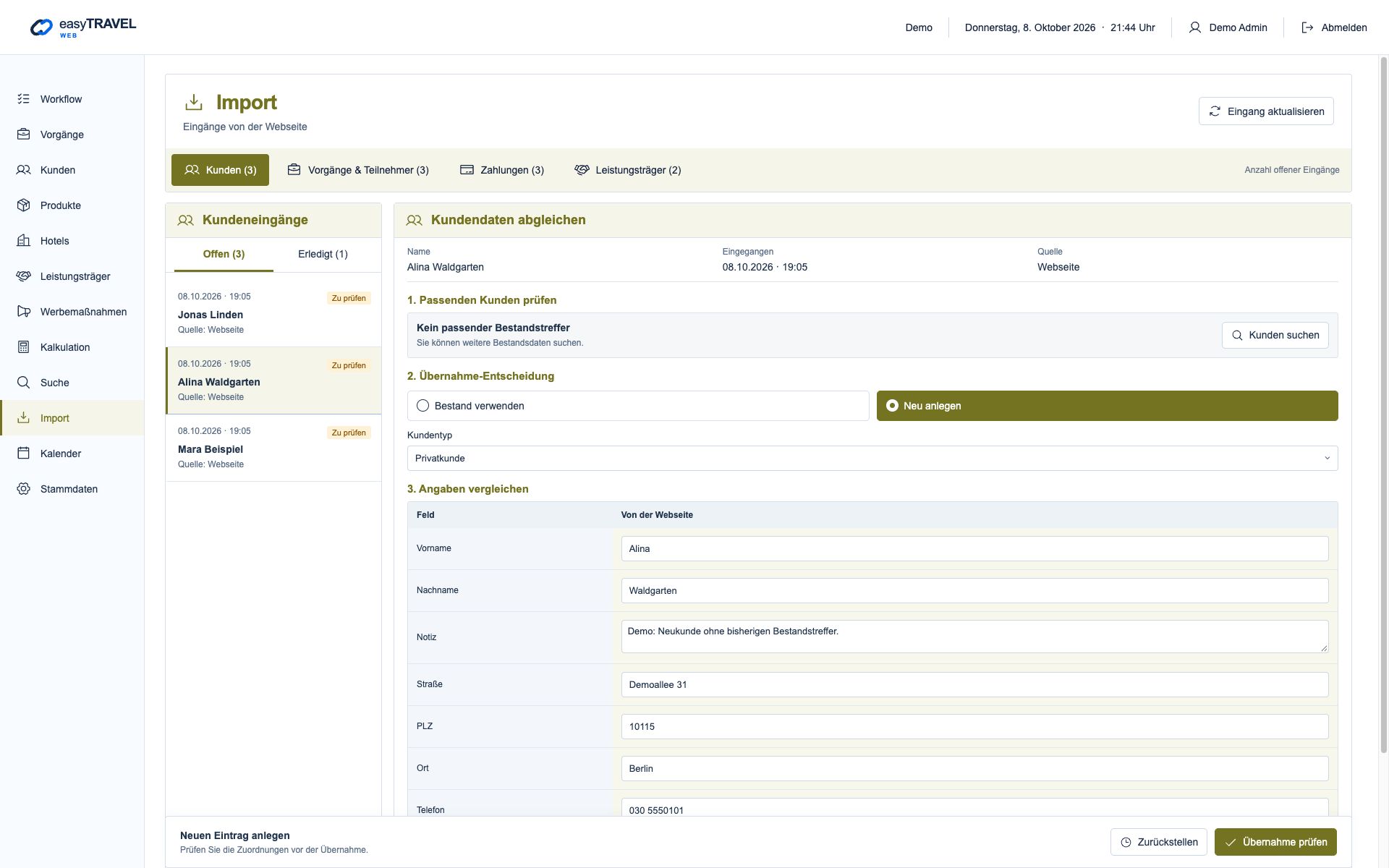 Aktuelle neue easyTRAVEL Webapp: Kundeneingang ohne Bestandstreffer