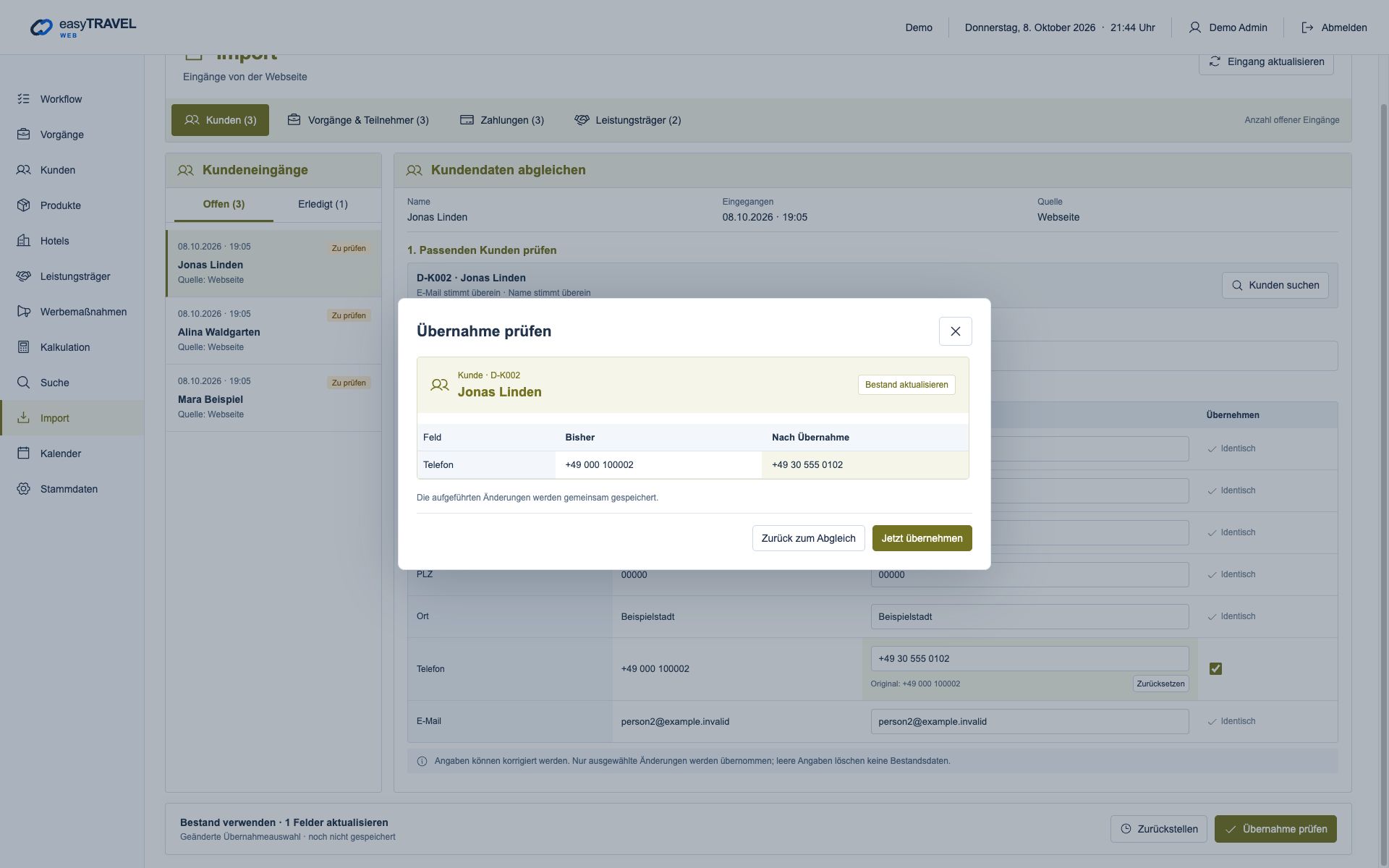 Aktuelle neue easyTRAVEL Webapp: Vorschau der ausgewählten Änderung