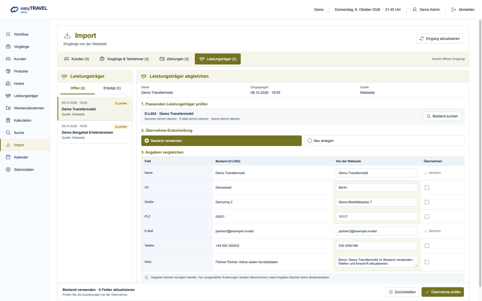 Aktuelle neue easyTRAVEL Webapp: Leistungsträger mit dem Bestand abgleichen