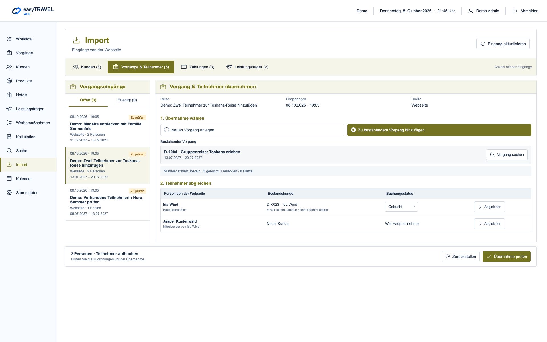 Aktuelle neue easyTRAVEL Webapp: Zwei Teilnehmer einem bestehenden Vorgang zuordnen
