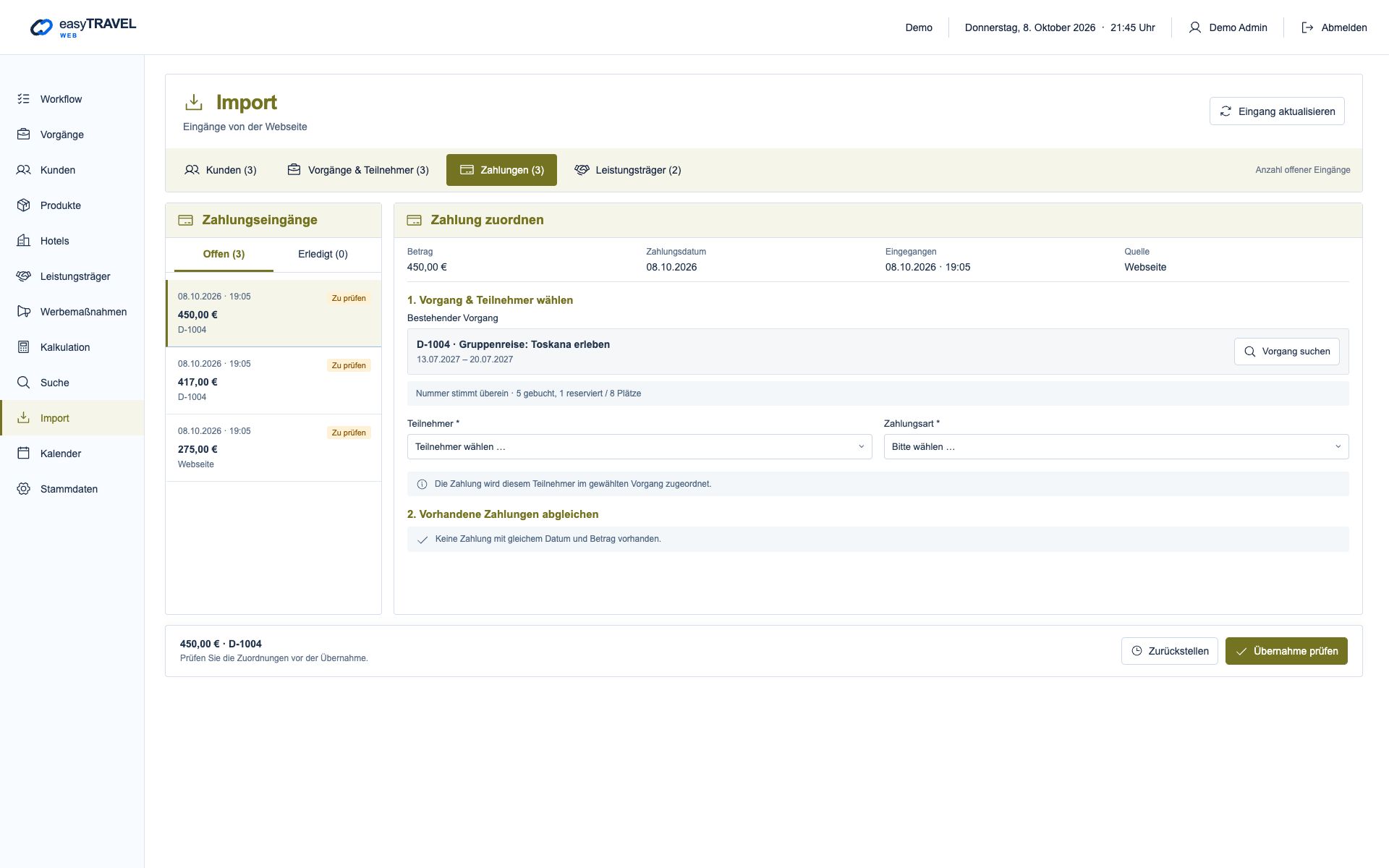 Aktuelle neue easyTRAVEL Webapp: Zahlung einem Vorgang und Teilnehmer zuordnen