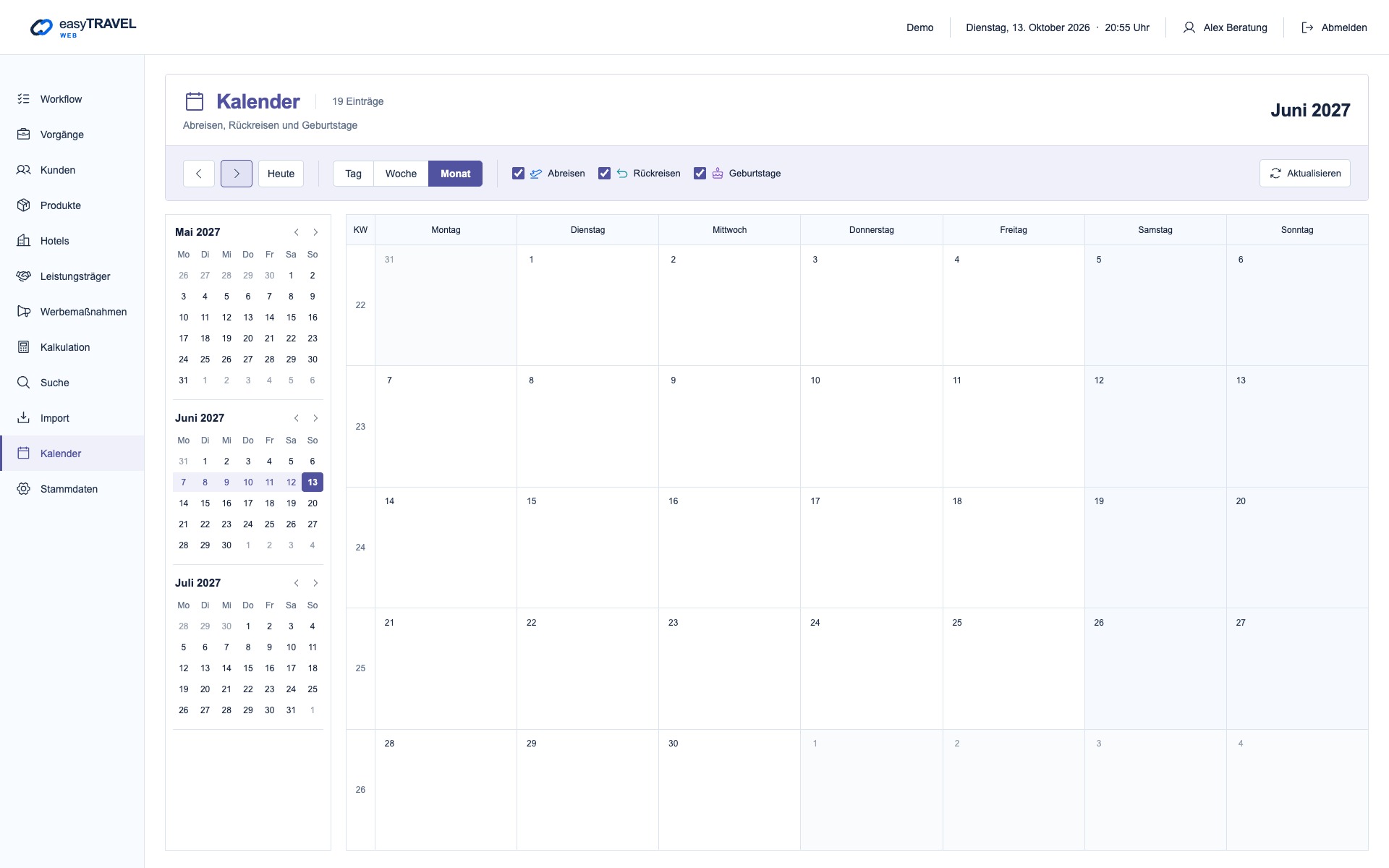 Aktuelle neue easyTRAVEL Webapp: Kalender · Monatsansicht