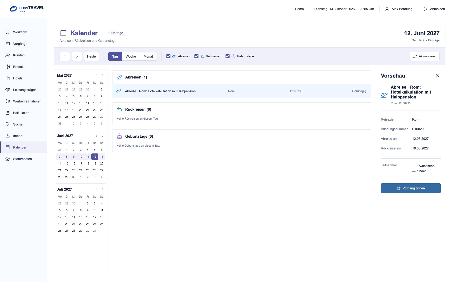 Aktuelle neue easyTRAVEL Webapp: Kalender · Tagesansicht mit Vorschau