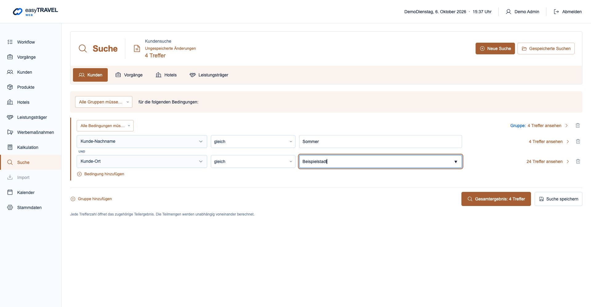 Aktuelle neue easyTRAVEL Webapp: Suche