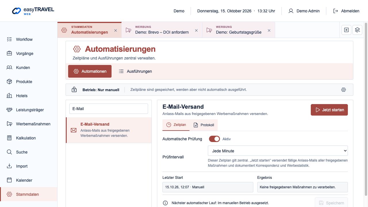 easyTRAVEL Web: Schritt 2 – E-Mail-Versand prüfen