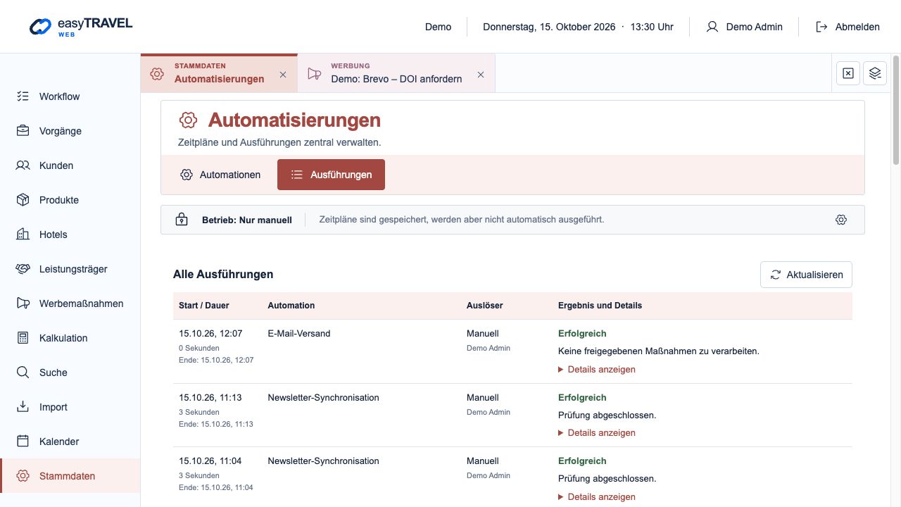 easyTRAVEL Web: Schritt 3 – Ausführungen nachlesen