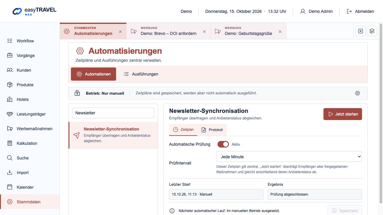 Aktuelle neue easyTRAVEL Webapp: Newsletter-Automation mit Zeitplan und Ergebnis