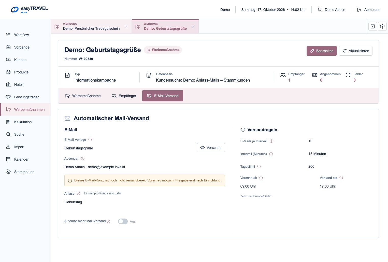 easyTRAVEL Web: Schritt 2 – Anlass und Versandregeln prüfen