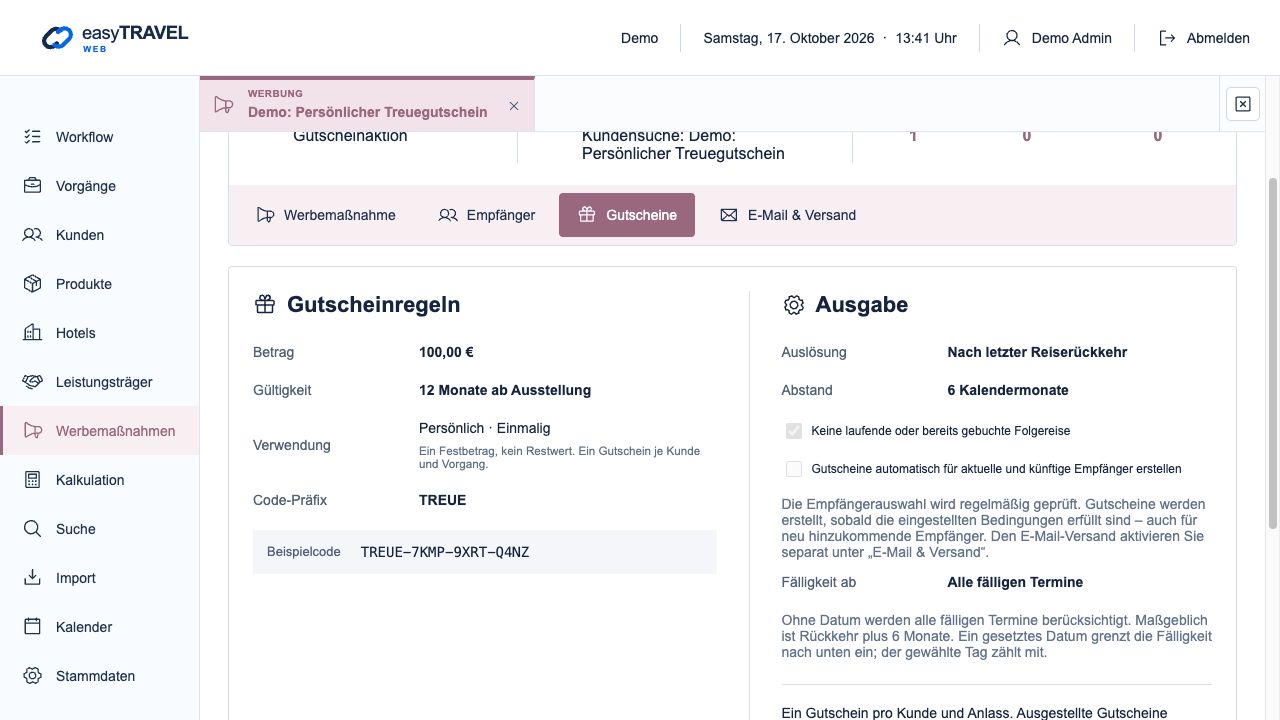 Aktuelle neue easyTRAVEL Webapp: Gutscheinregeln mit optionaler Fälligkeit ab