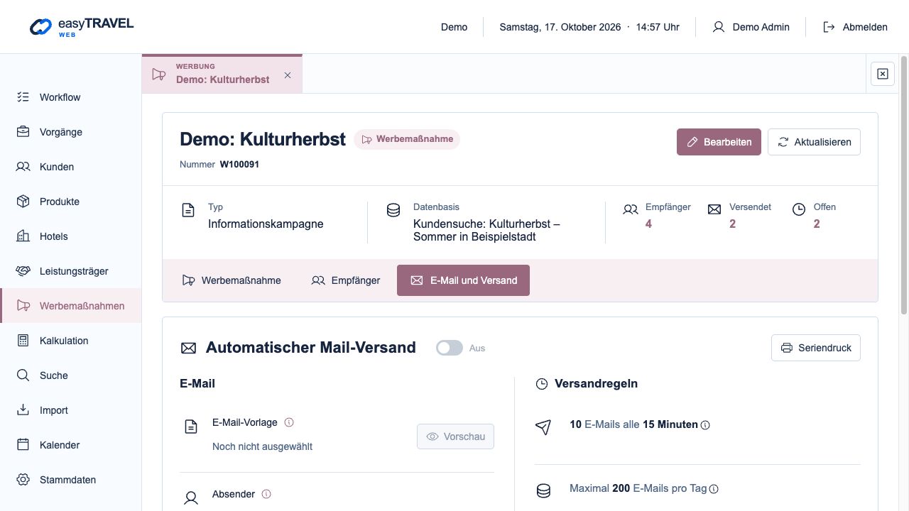 Gemeinsamer E-Mail-Versand einer fiktiven Werbemaßnahme mit Zielgruppe, Versandregeln und Seriendruck