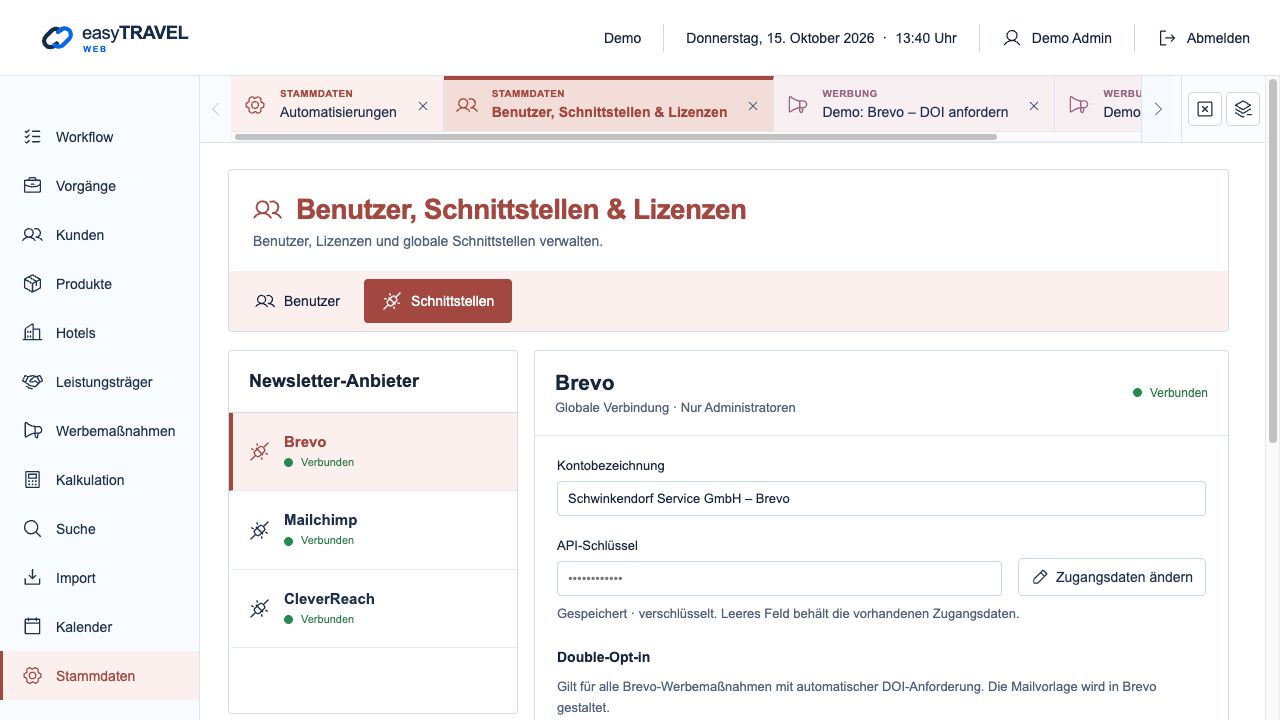 Aktuelle neue easyTRAVEL Webapp: Brevo, Mailchimp und CleverReach als verfügbare Newsletter-Schnittstellen