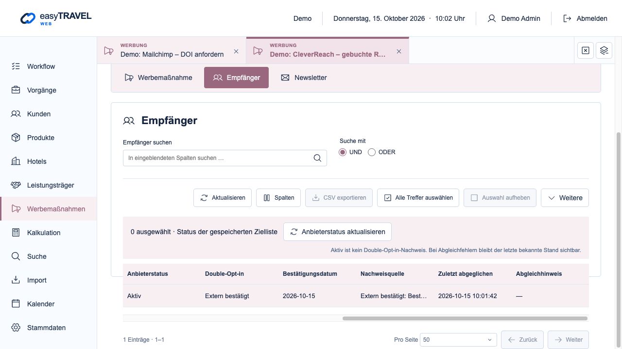 easyTRAVEL Web: Schritt 3 – Empfängerstatus prüfen