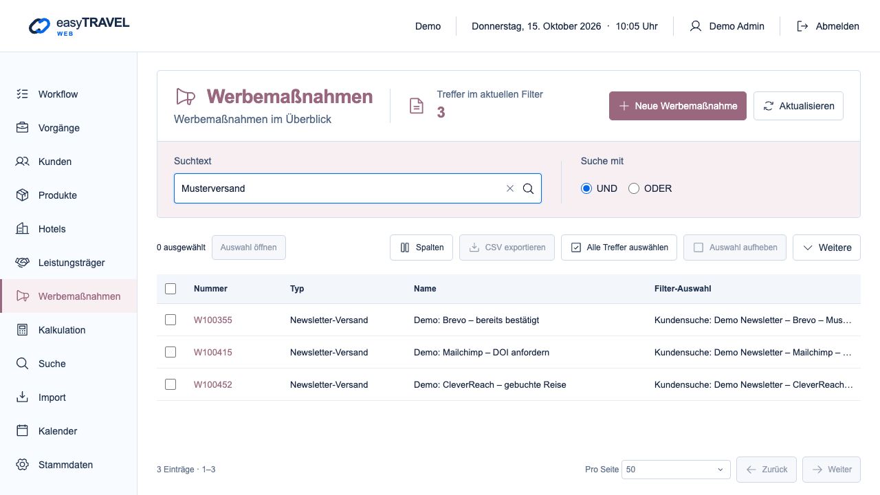 Aktuelle neue easyTRAVEL Webapp: Fiktive Newsletter-Maßnahmen mit unterschiedlichen Bestätigungsregeln