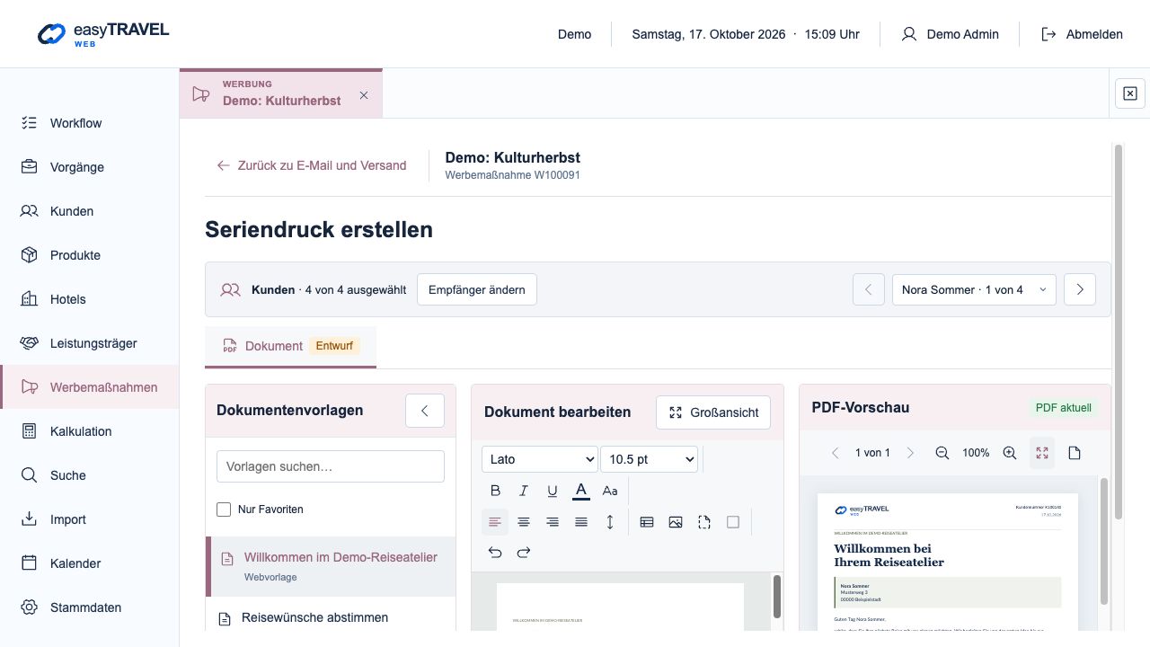 Aktuelle neue easyTRAVEL Webapp: Persönlicher Seriendruck mit Dokument und PDF-Vorschau