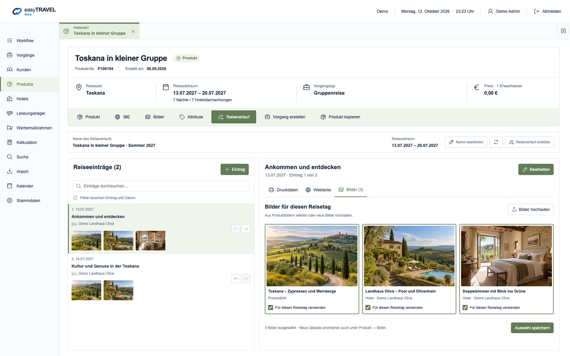 Aktuelle neue easyTRAVEL Webapp: Produkt- und Hotelbilder am ersten Reisetag ausgewählt