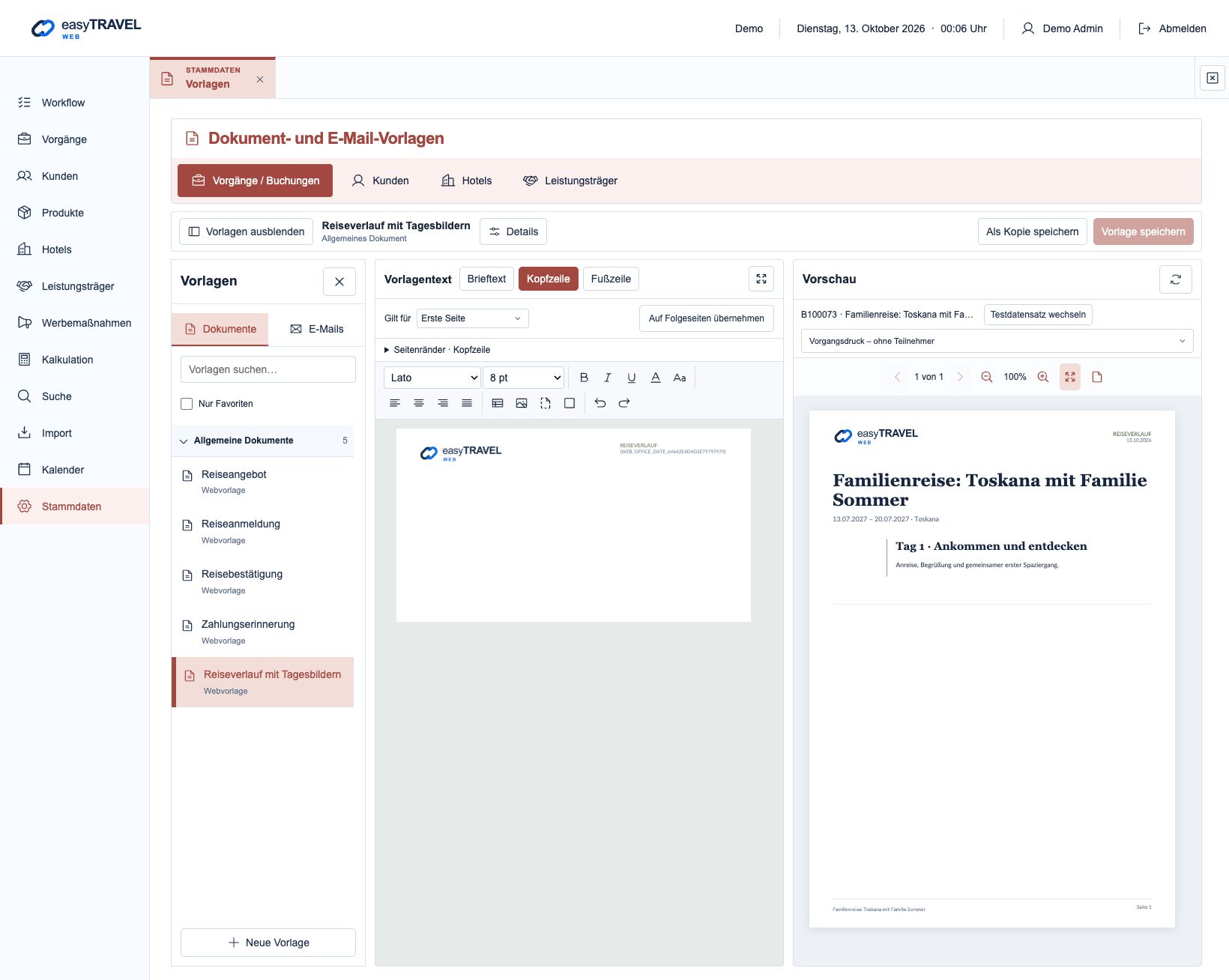 Aktuelle neue easyTRAVEL Webapp: Bearbeitbare Reiseverlauf-Vorlage mit PDF-Vorschau