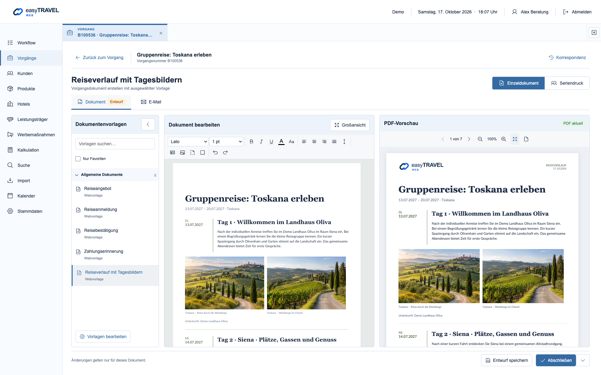 Bebilderter Reiseverlauf im Dokumenteditor neben der PDF-Vorschau