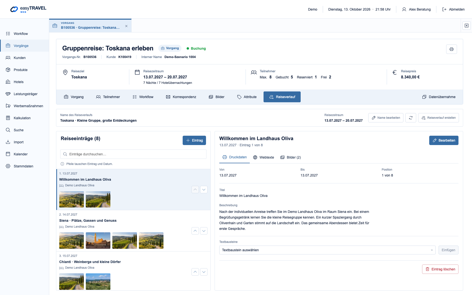 easyTRAVEL Web: Schritt 1 – Reisetage und Druckdaten prüfen