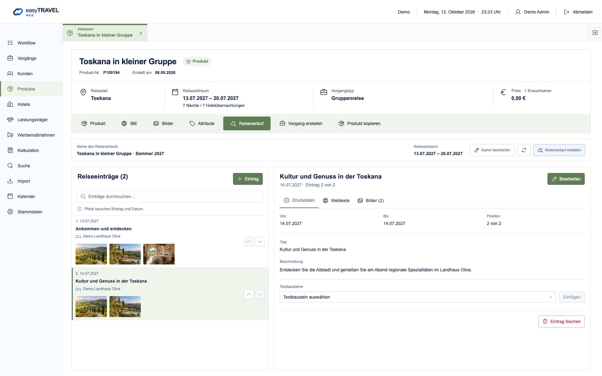 Aktuelle neue easyTRAVEL Webapp: Zwei datierte Reisetage im Toskana-Produkt