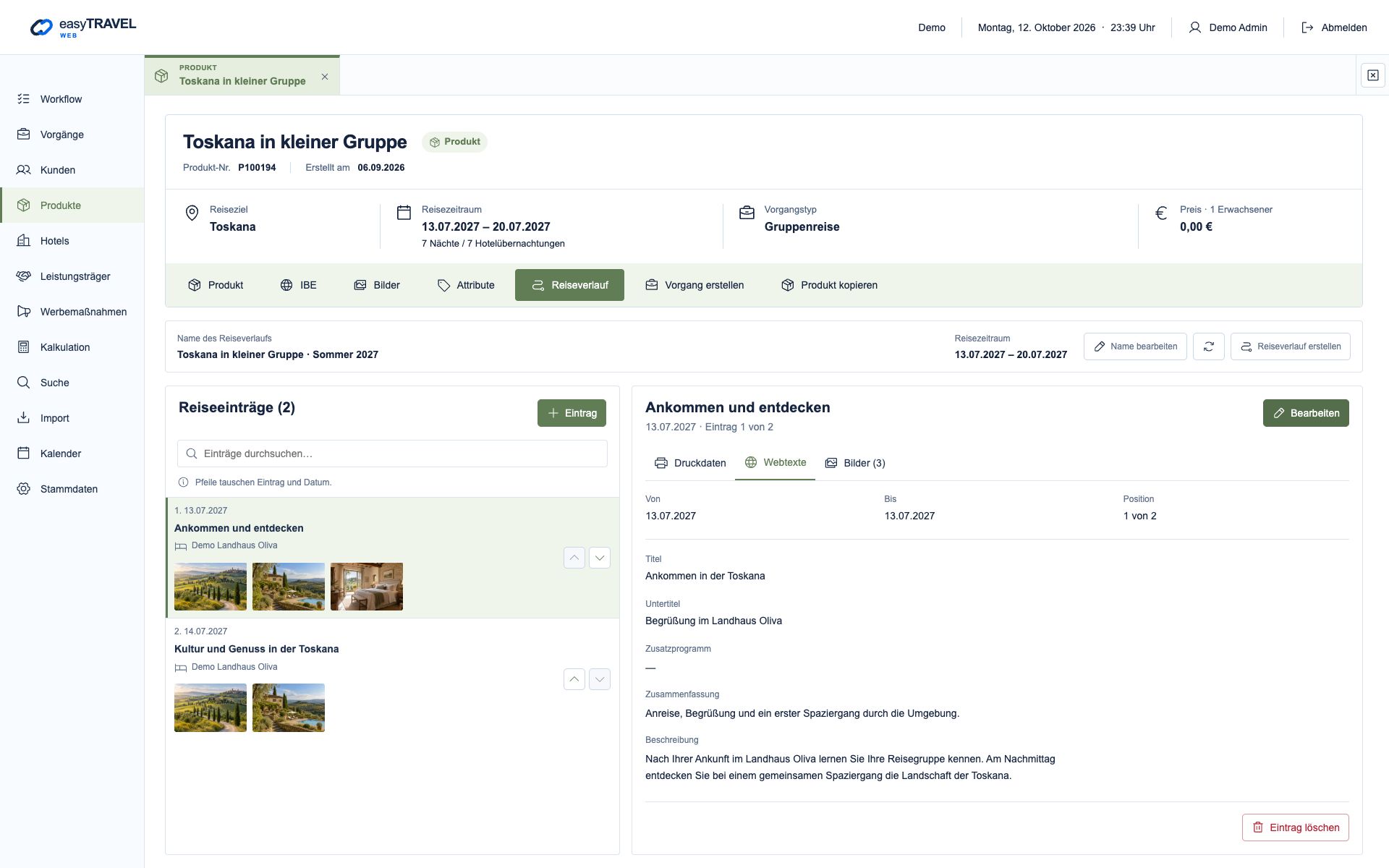 Aktuelle neue easyTRAVEL Webapp: Eigene Webtexte für den ersten Reisetag