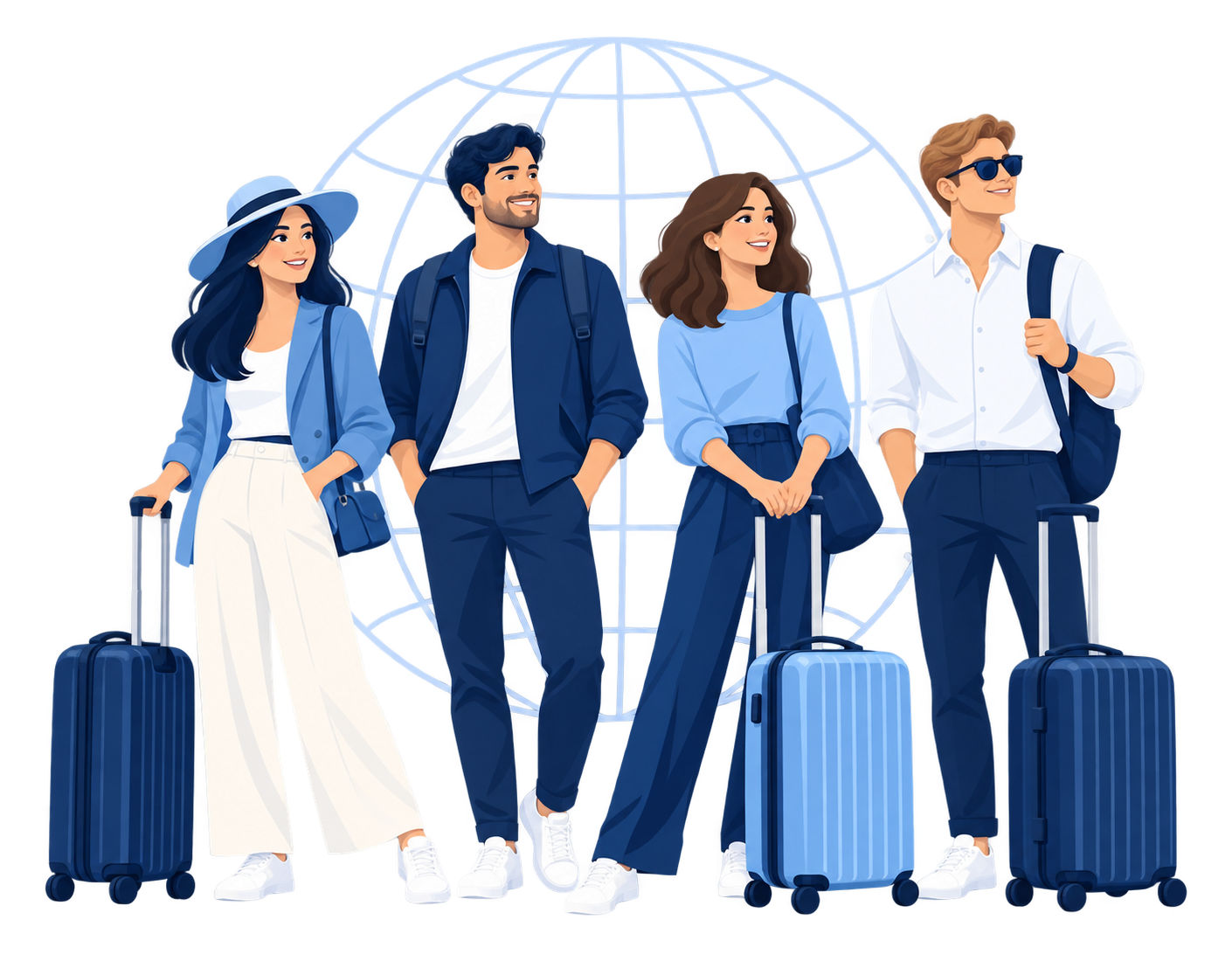Illustration einer Reisegruppe mit Gepäck