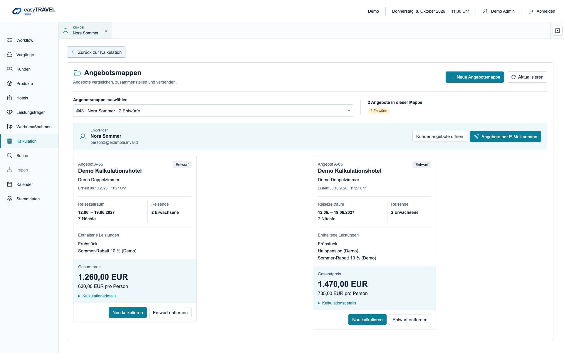 Aktuelle neue easyTRAVEL Webapp: Nummerierte Angebote mit Preis und Status