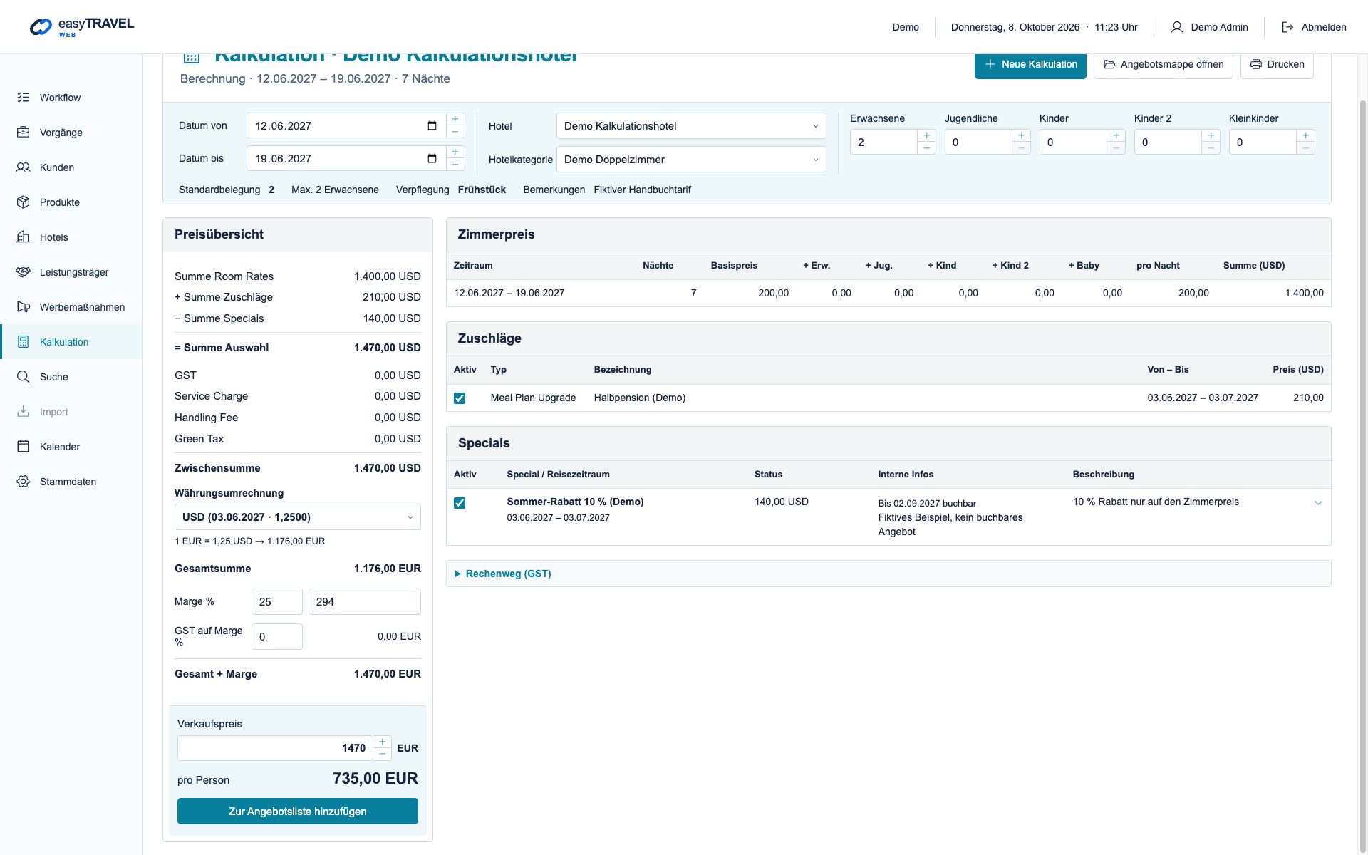 easyTRAVEL Web: Schritt 2 – Verkaufspreis prüfen