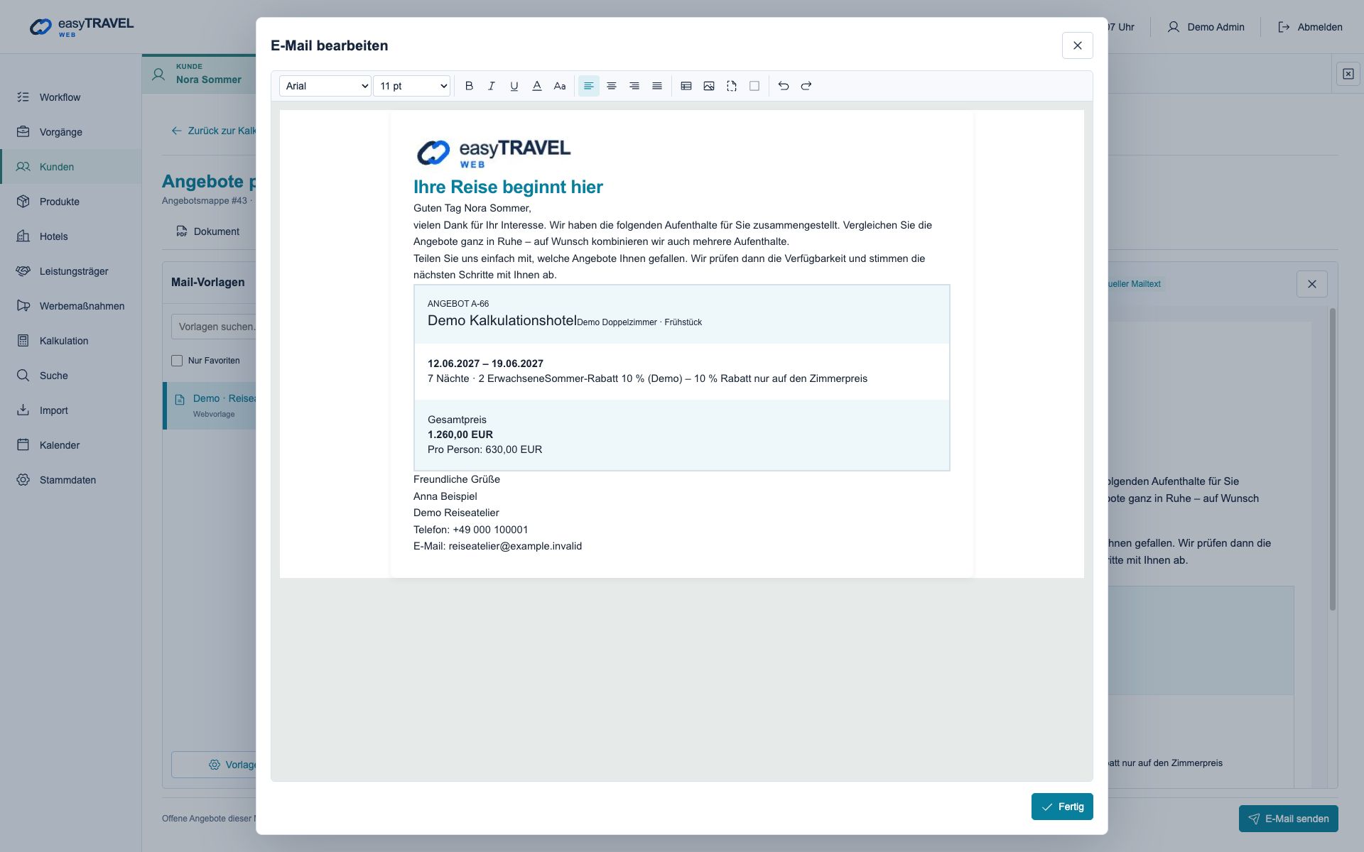 easyTRAVEL Web: Schritt 2 – Mailtext und Signatur vor dem Versand prüfen