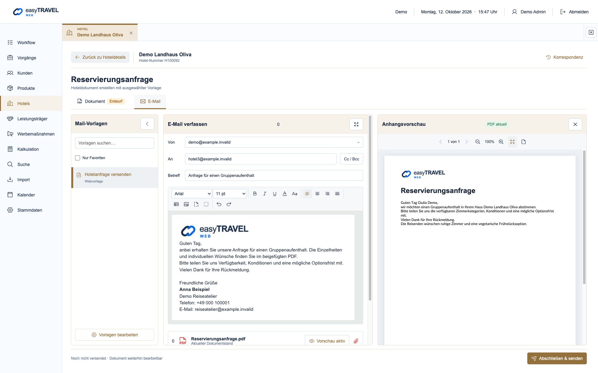 easyTRAVEL Web: Schritt 5 – Mailvorlage und Signatur verwenden