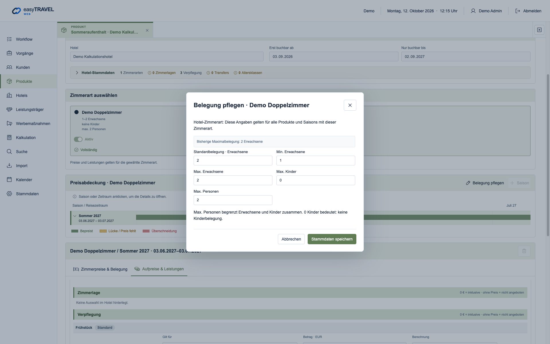 Aktuelle neue easyTRAVEL Webapp: Gemeinsame Zimmerart-Belegung mit Einzel- und Gesamtgrenzen