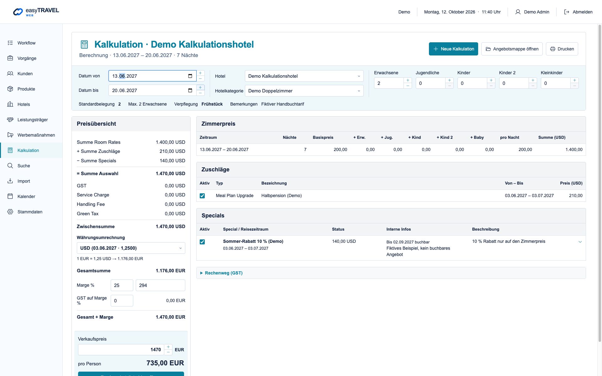 easyTRAVEL Web: Schritt 1 – Aufenthalt kalkulieren