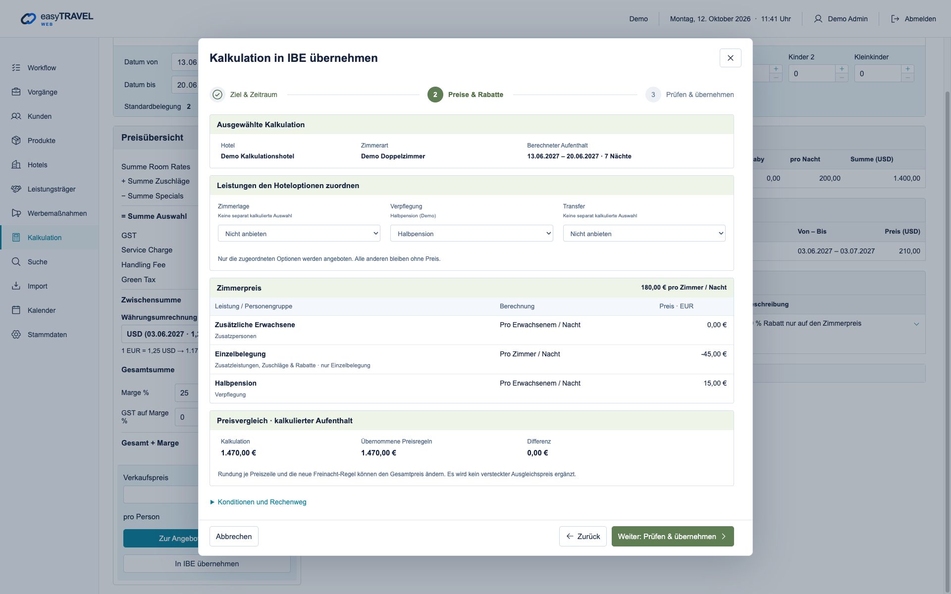 Aktuelle neue easyTRAVEL Webapp: IBE-Übernahme: Hoteloption zuordnen und Referenzpreis vergleichen