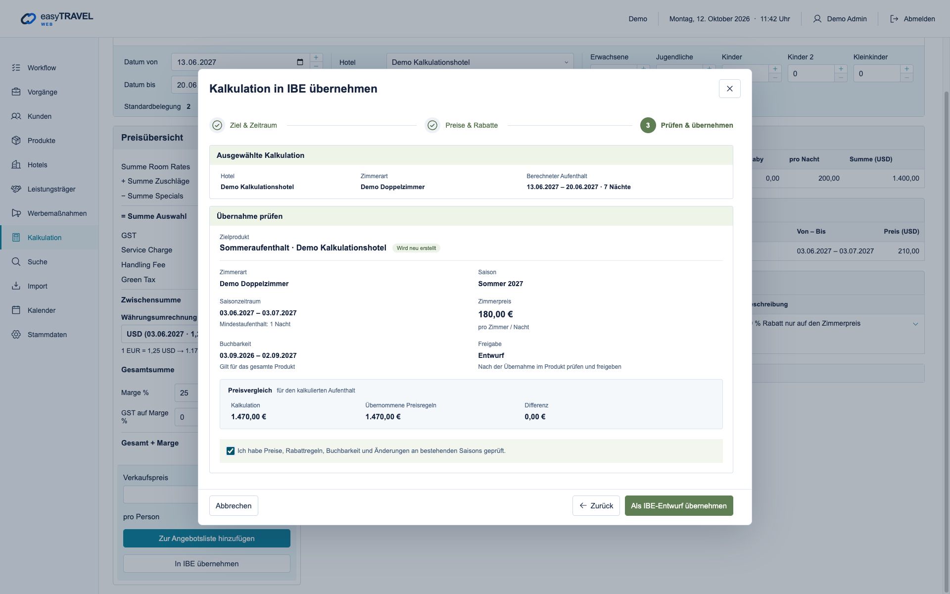 easyTRAVEL Web: Schritt 4 – Als Entwurf übernehmen