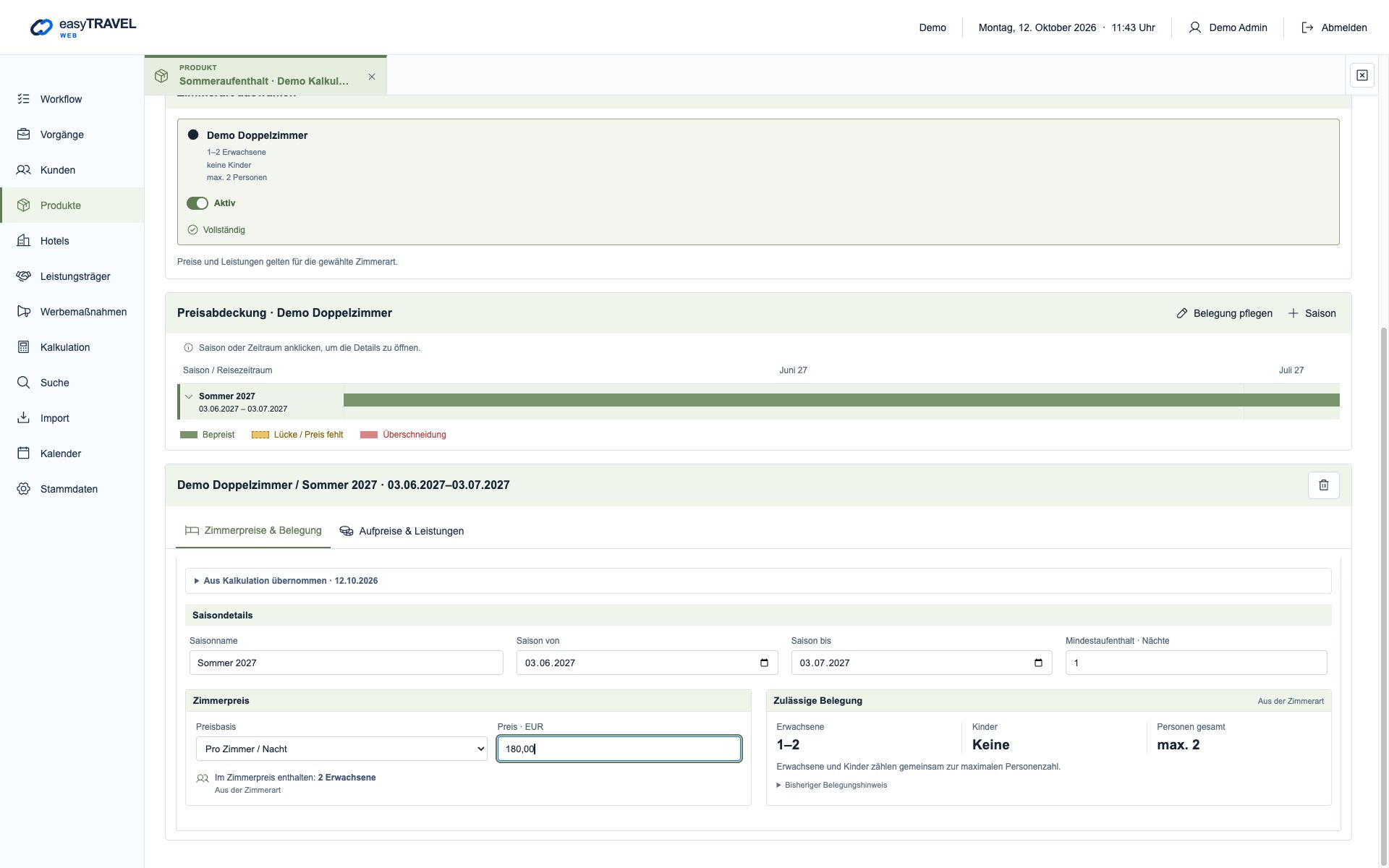 easyTRAVEL Web: Schritt 3 – Saison und Zimmerpreis bearbeiten