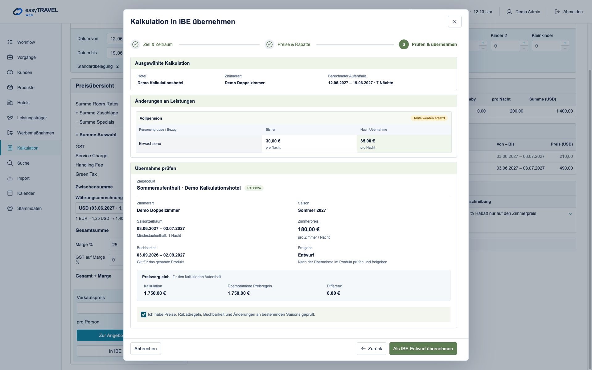 easyTRAVEL Web: Schritt 5 – Einen bestehenden Tarif später aktualisieren