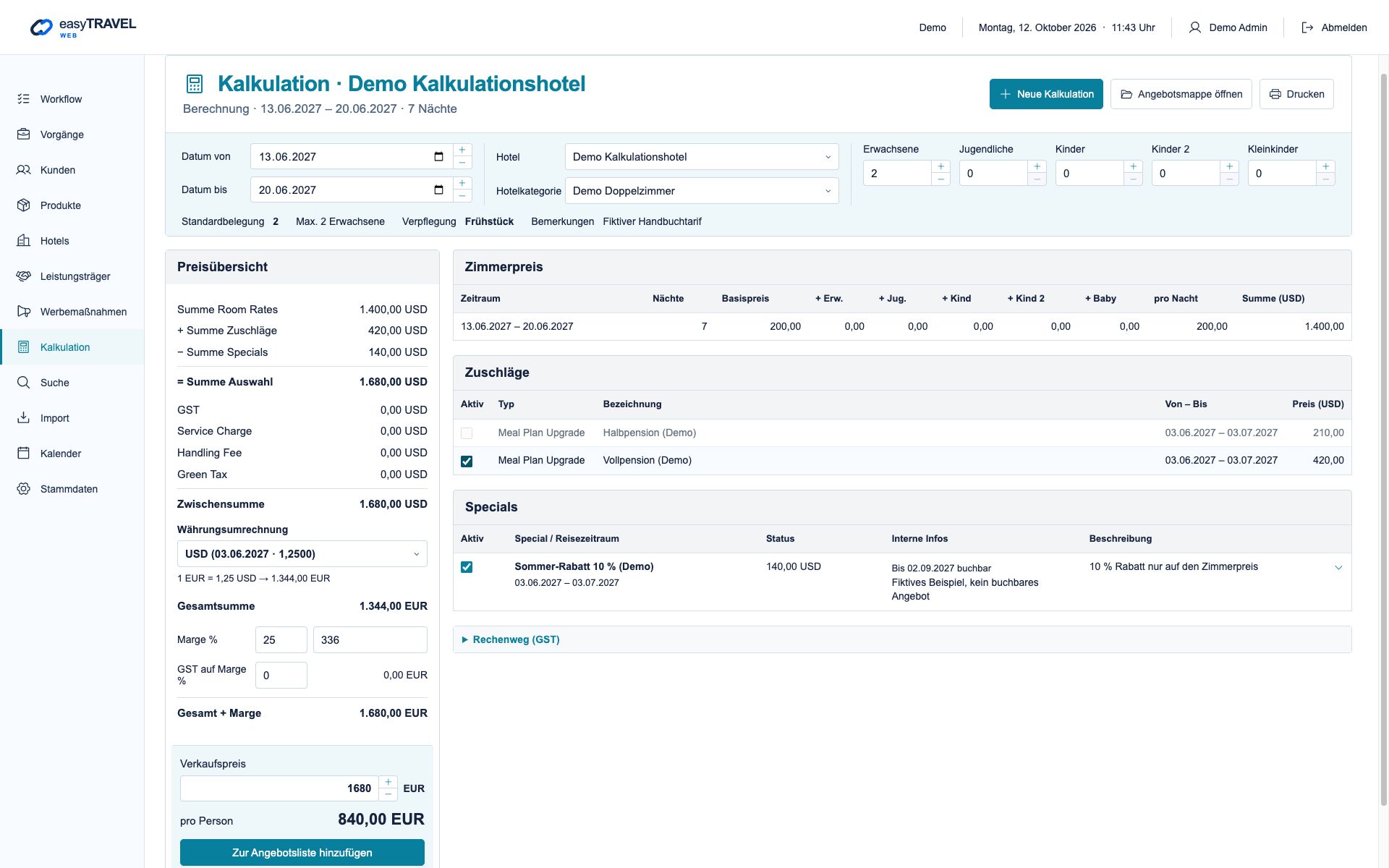 easyTRAVEL Web: Schritt 1 – Neue Verpflegungsvariante kalkulieren
