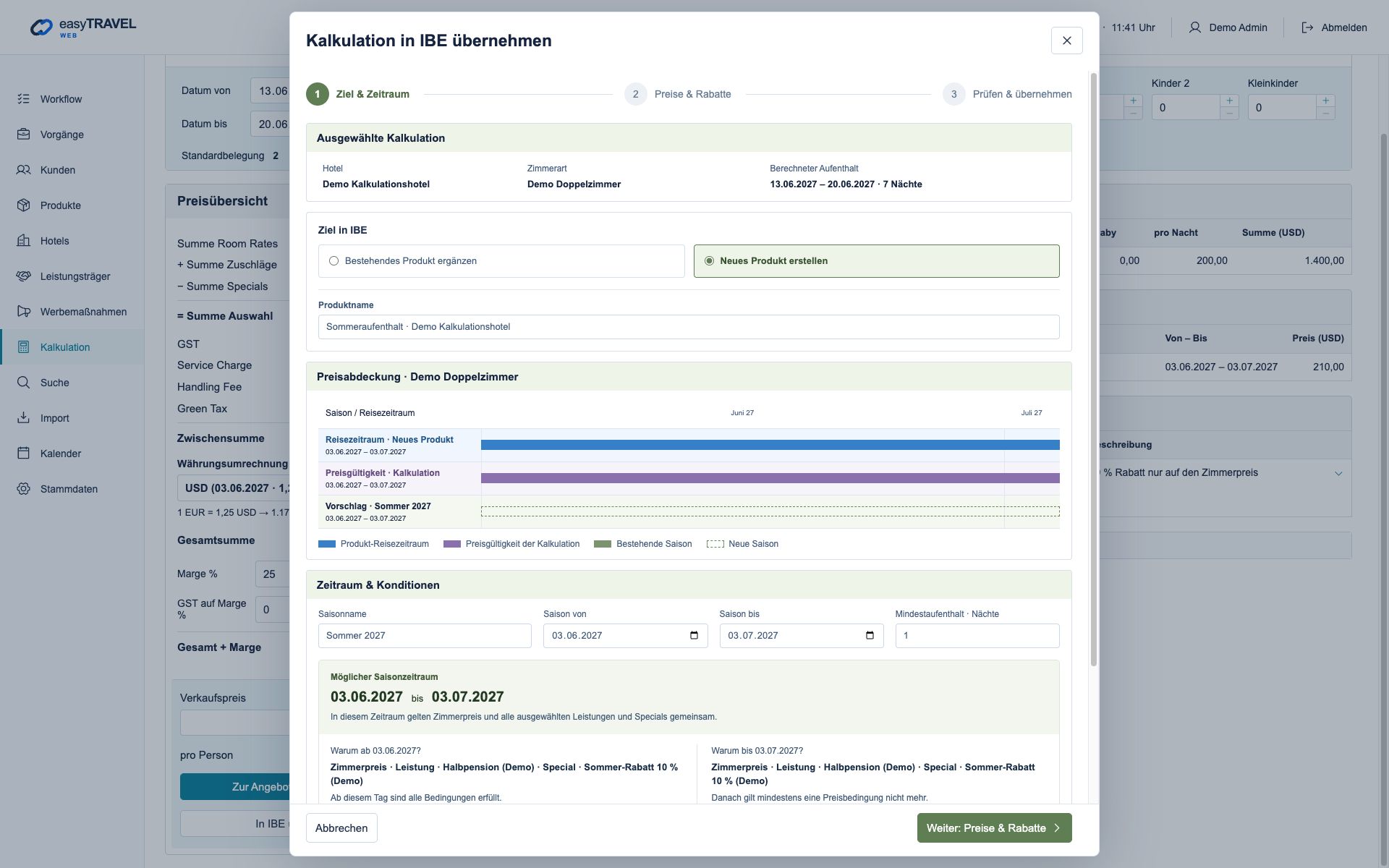 easyTRAVEL Web: Schritt 2 – Ziel und Gültigkeit festlegen