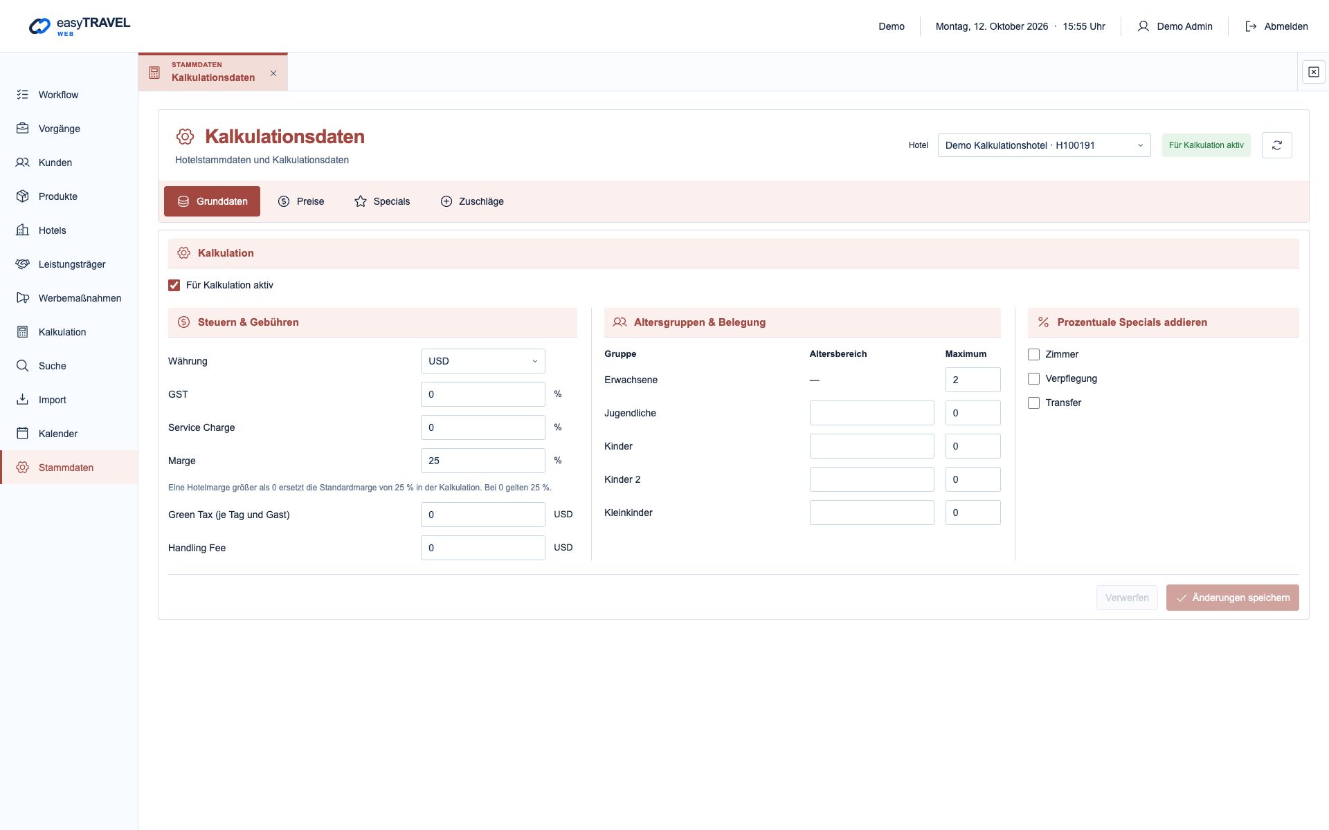 Aktuelle neue easyTRAVEL Webapp: Kalkulationsdaten: Hotelgrunddaten mit Währung, Marge und Belegung