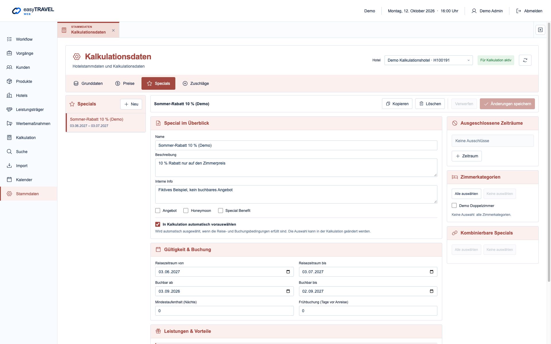 easyTRAVEL Web: Schritt 3 – Specials mit ihren Bedingungen festlegen