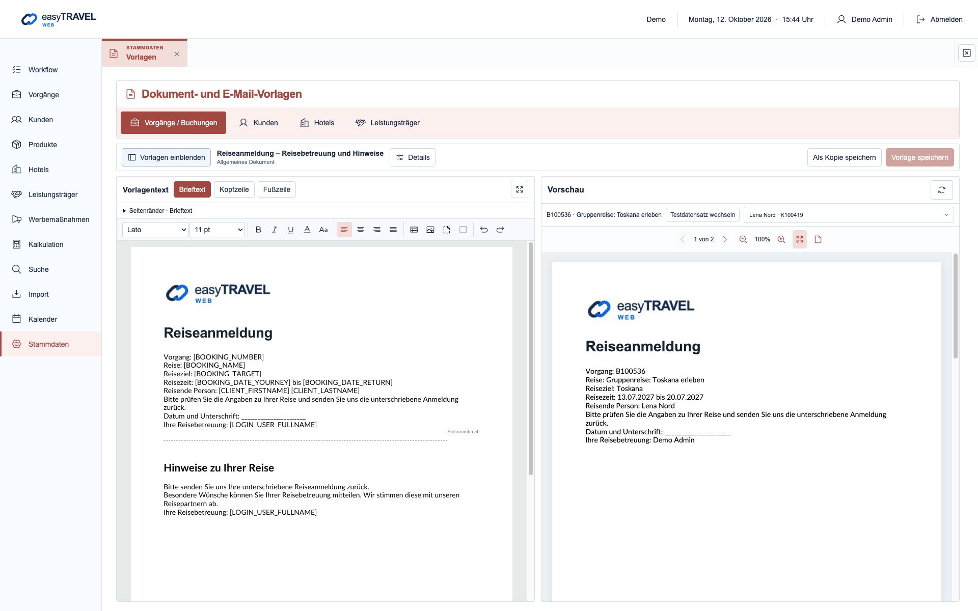 Aktuelle neue easyTRAVEL Webapp: Kompakter Vorlagen-Arbeitsbereich mit neuem Editor und PDF-Vorschau