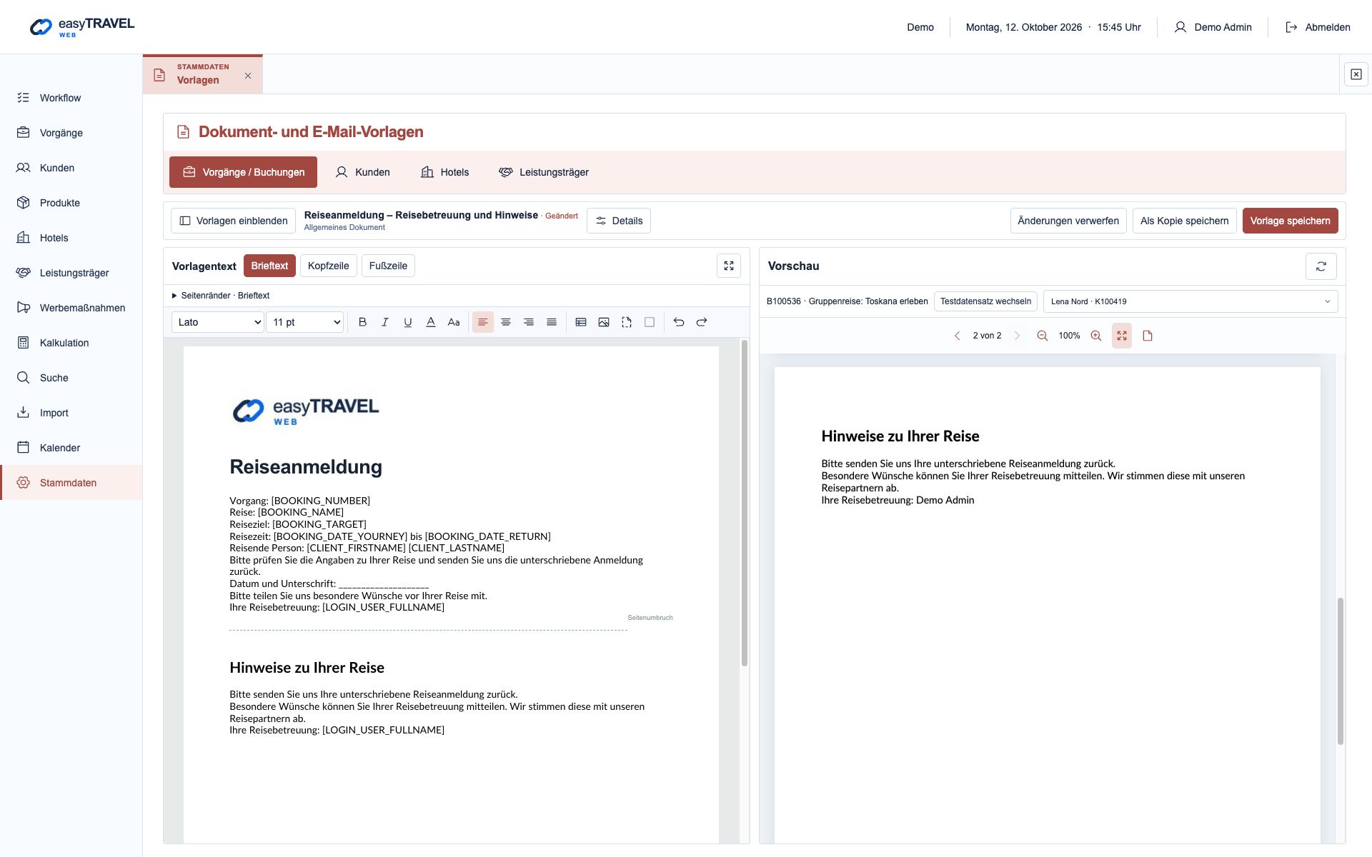 Aktuelle neue easyTRAVEL Webapp: Mehrseitige PDF-Vorschau in der Vorlagenverwaltung